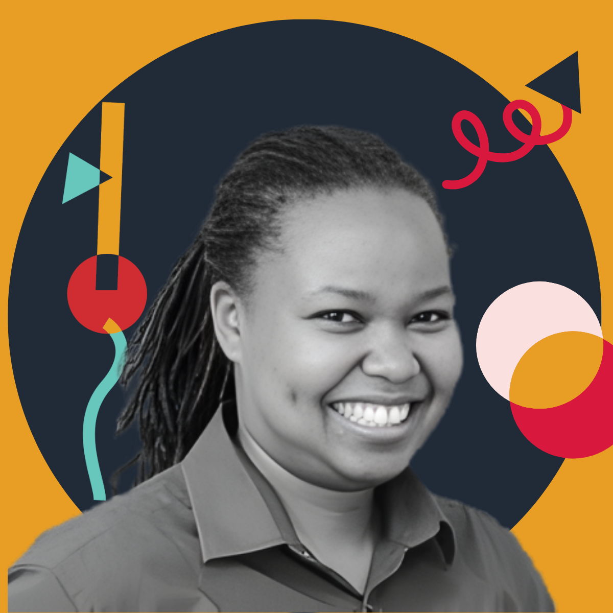 A smiling woman with dreadlocks, wearing a collared shirt against a background with abstract shapes and colors.