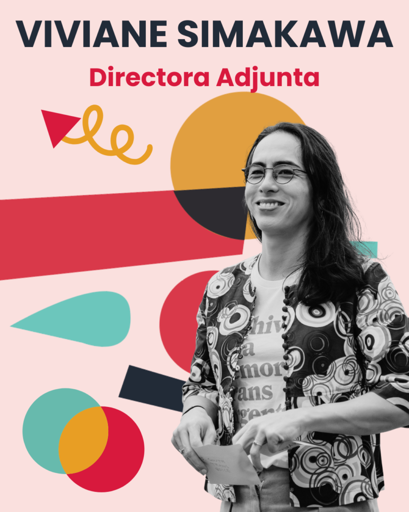 A poster featuring Viviane Simakwa with her name in bold at the top, her title as Deputy Director in red, and an abstract colorful design background. A black-and-white photo of her smiling and holding a paper is placed on the right side of the poster