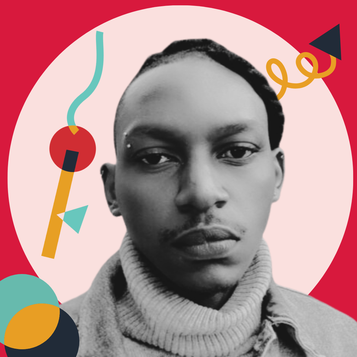 Black and white portrait of a person with short hair, wearing a turtleneck sweater, set against a colorful, abstract background with geometric shapes and swirls.