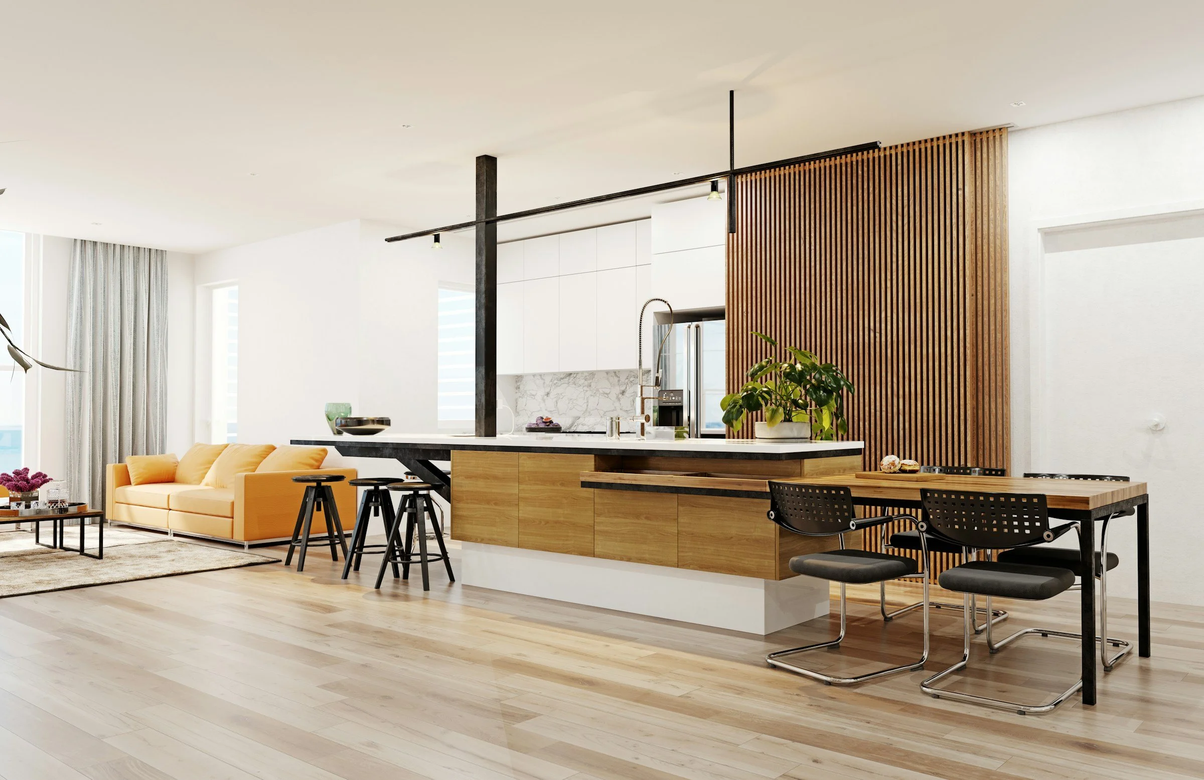 Open-concept living room with a yellow sofa, modern kitchen with white cabinets, marble backsplash, black bar stools at the kitchen island, a wooden dining table with black chairs, and a wooden slatted room divider.