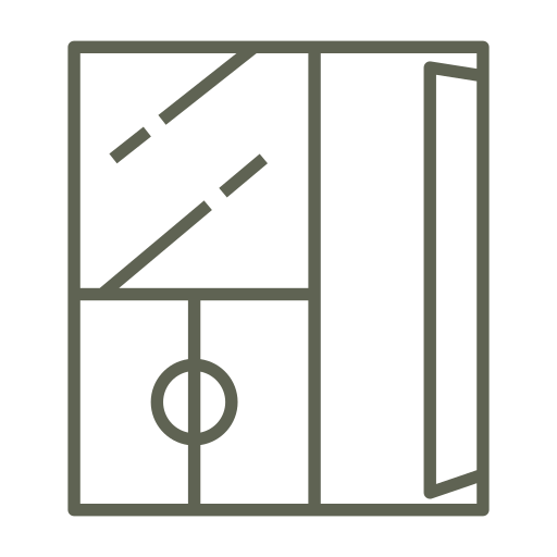 Simple line drawing of a basketball court, including a hoop, painted lines, and the court's boundary.