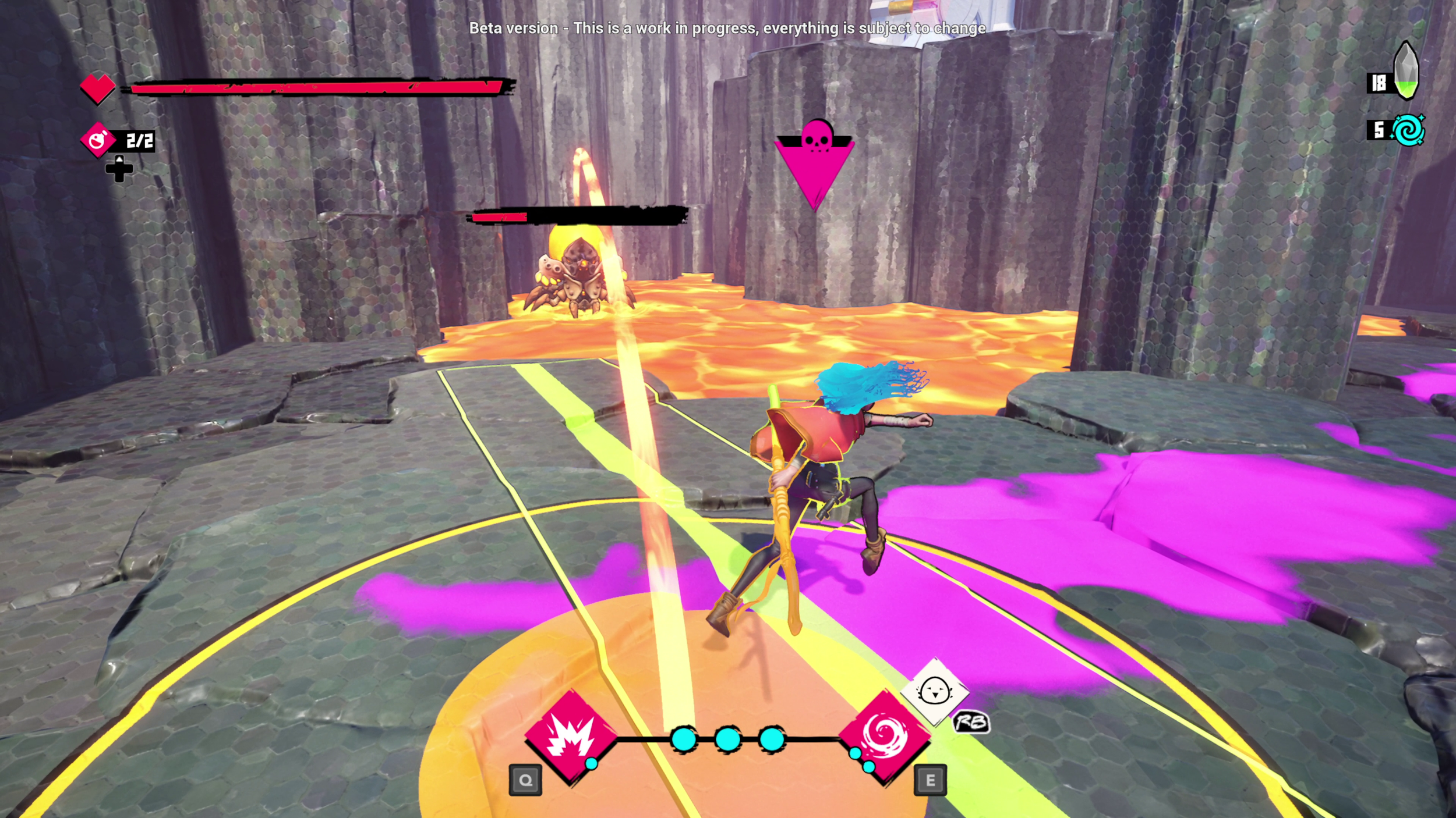 A video game scene with a character facing a monster in a volcanic, lava-filled environment. The game interface displays health, abilities, and other status indicators.