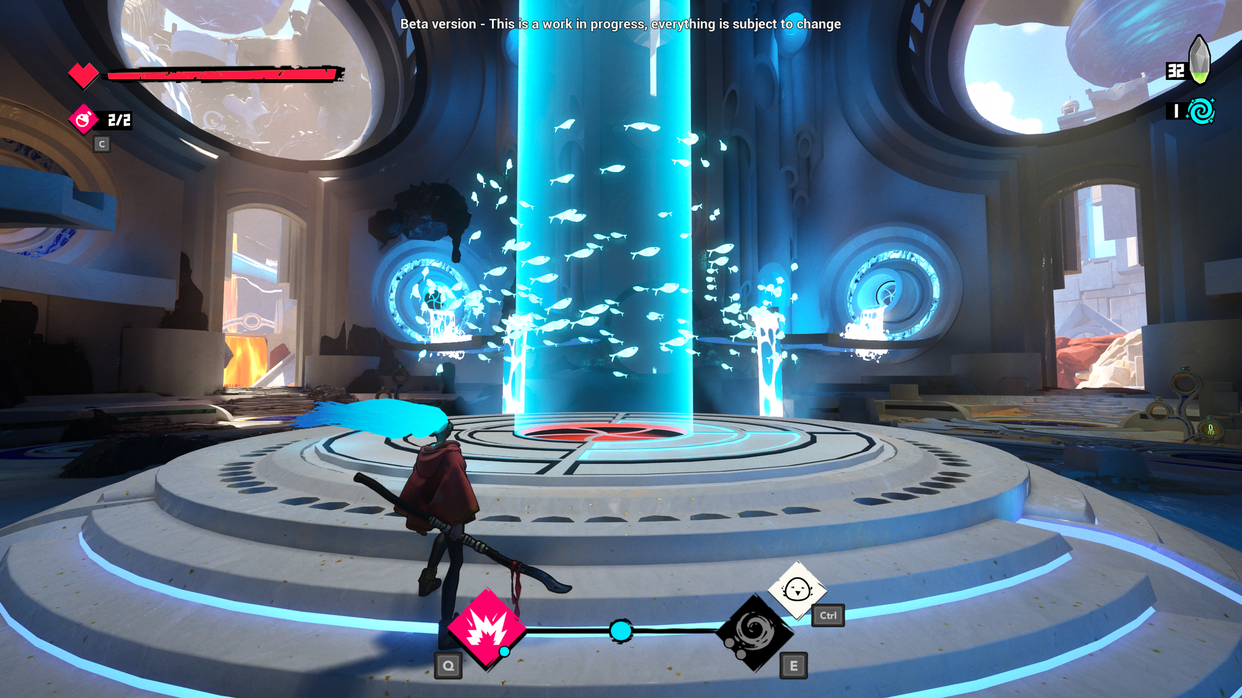 A video game scene showing a circular platform with glowing blue and white designs inside a futuristic building with large glass windows. A large blue beam of light shoots upward from the center of the platform, surrounded by floating glowing fish. The room has a high ceiling with curved architecture and a view of the sky and mountains through the windows. There are game interface icons and text overlays on the screen.