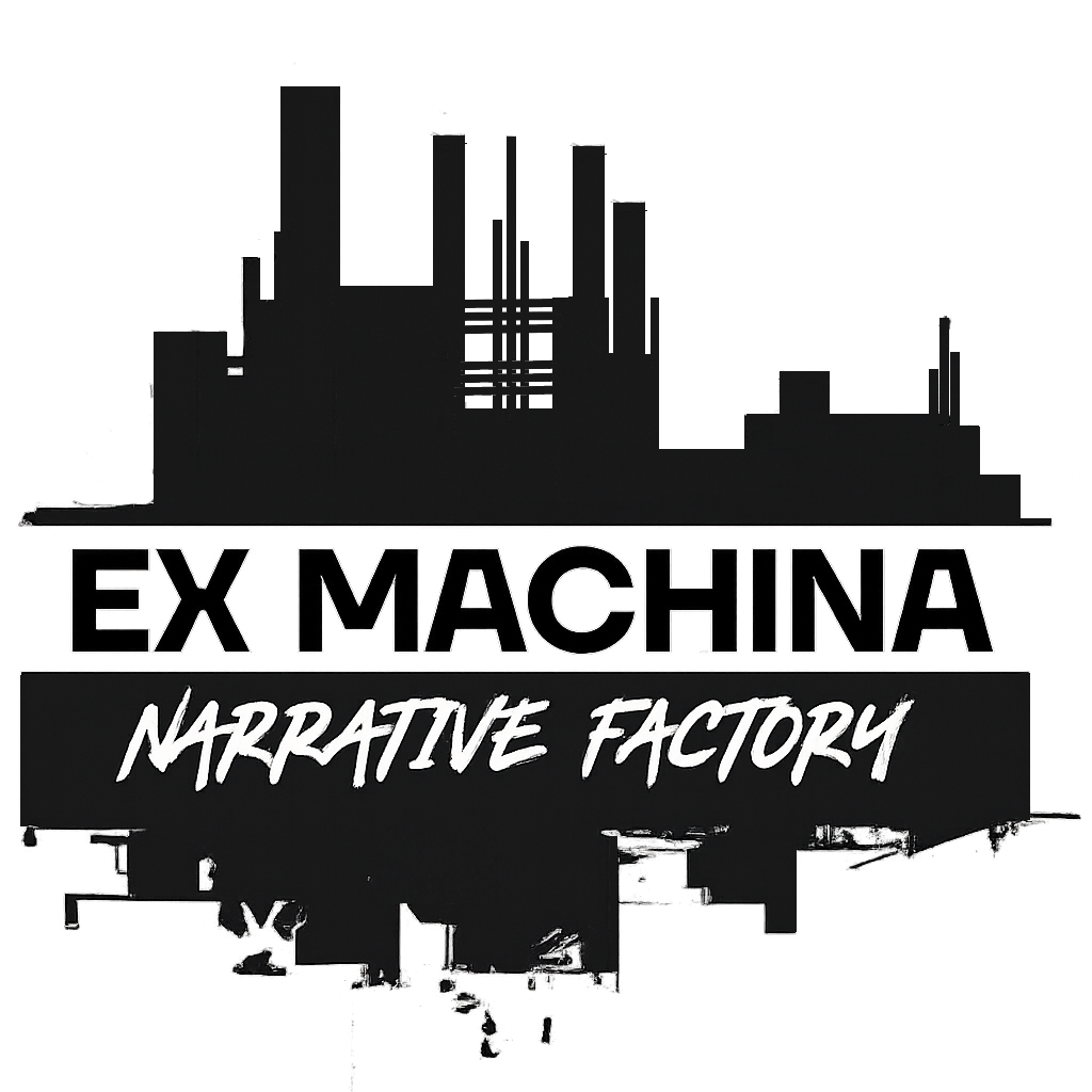 A black and white logo featuring a city skyline with tall buildings and industrial structures, with the text 'EX MACHINA' in large uppercase letters, 'NARRATIVE FACTORY' in a handwritten style below.