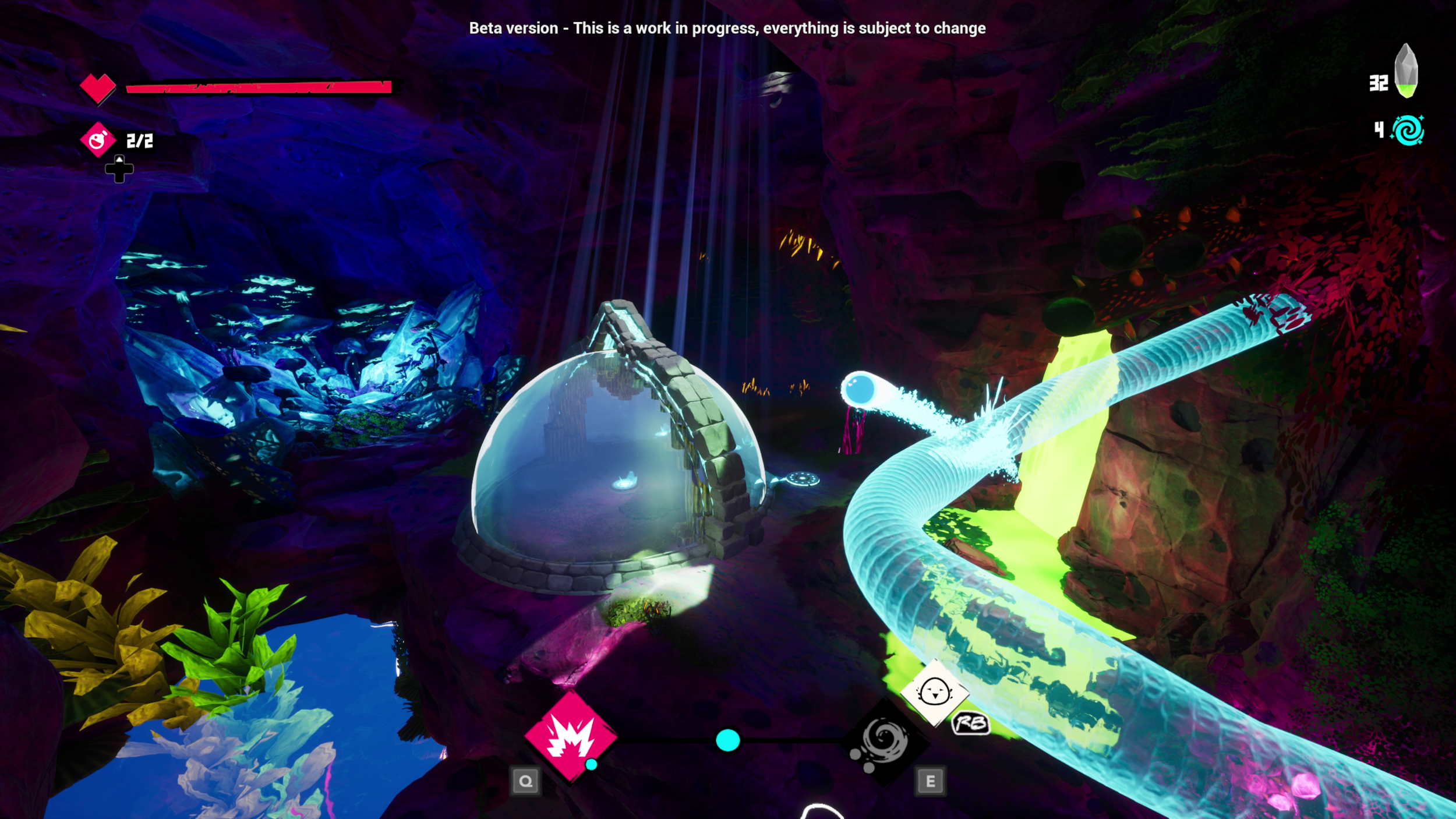 A vibrant, colorful video game scene set in a fantastical environment with glowing elements, waterfalls, and lush vegetation.