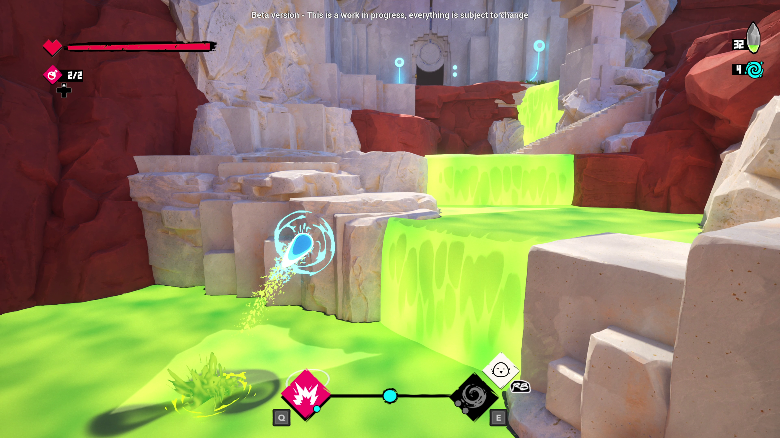A screenshot from a video game showing a rocky canyon with bright green liquid flowing in waterfalls. There are some digital icons and health bar on the screen.