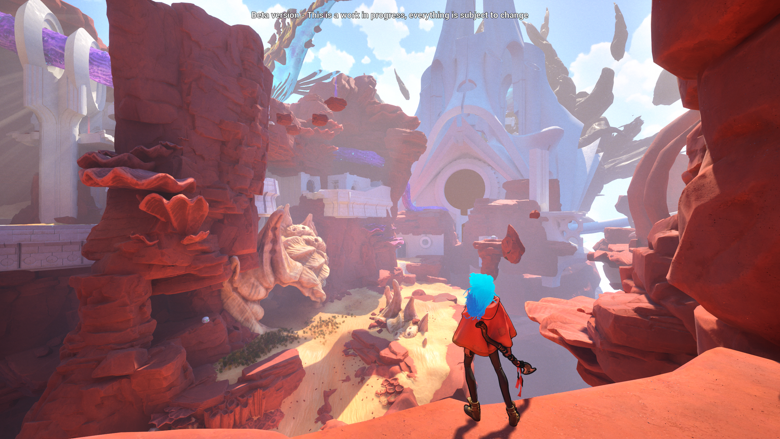 A fantasy landscape with red rock formations and ancient ruins, featuring a large circular portal, floating rocks, and a character with bright blue hair facing away from the camera.