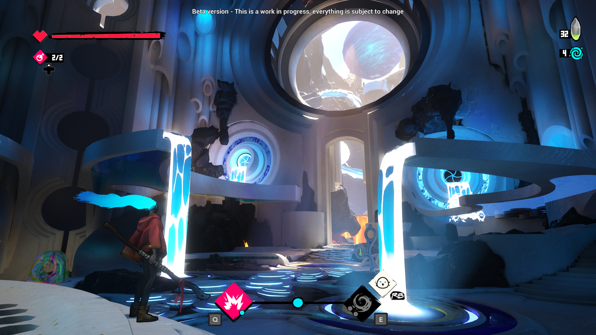 A scene from a video game displaying an interior with futuristic white and blue architecture, waterfalls, dark rocks, and a large circular window showing a mountainous landscape with a large planet or moon in the sky.