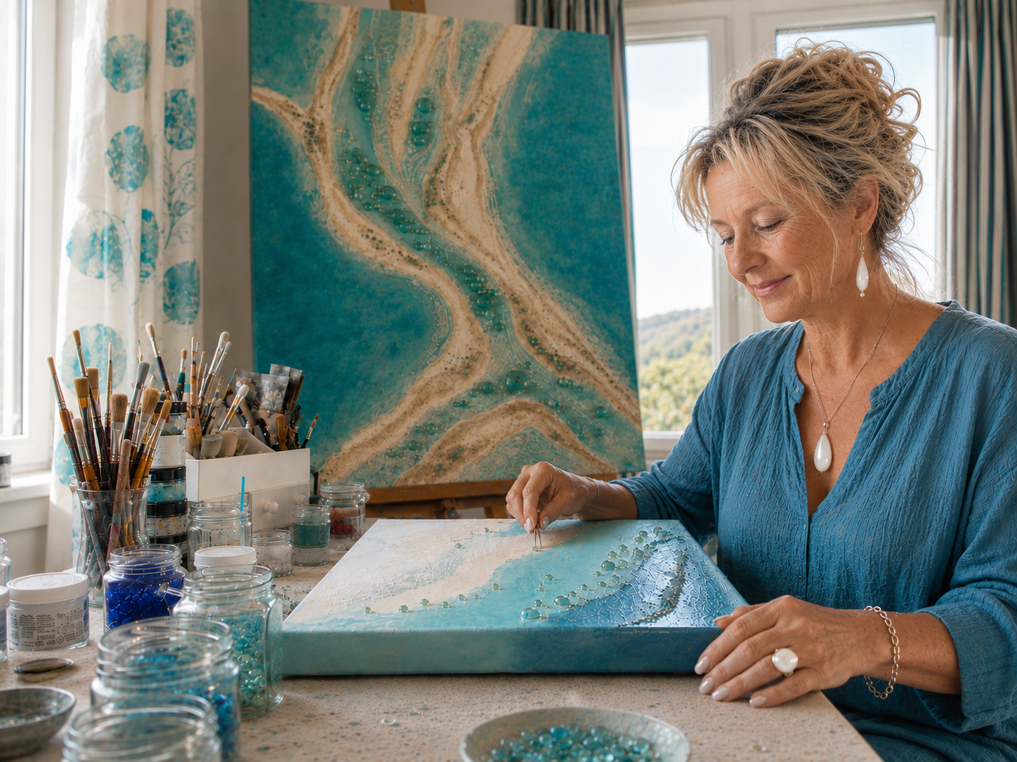 Une femme artiste crée une œuvre d'art en utilisant des bords de verre colorés sur une toile, avec une grande peinture d'un paysage en arrière-plan et des pots de peinture et des pinceaux autour d'elle.
