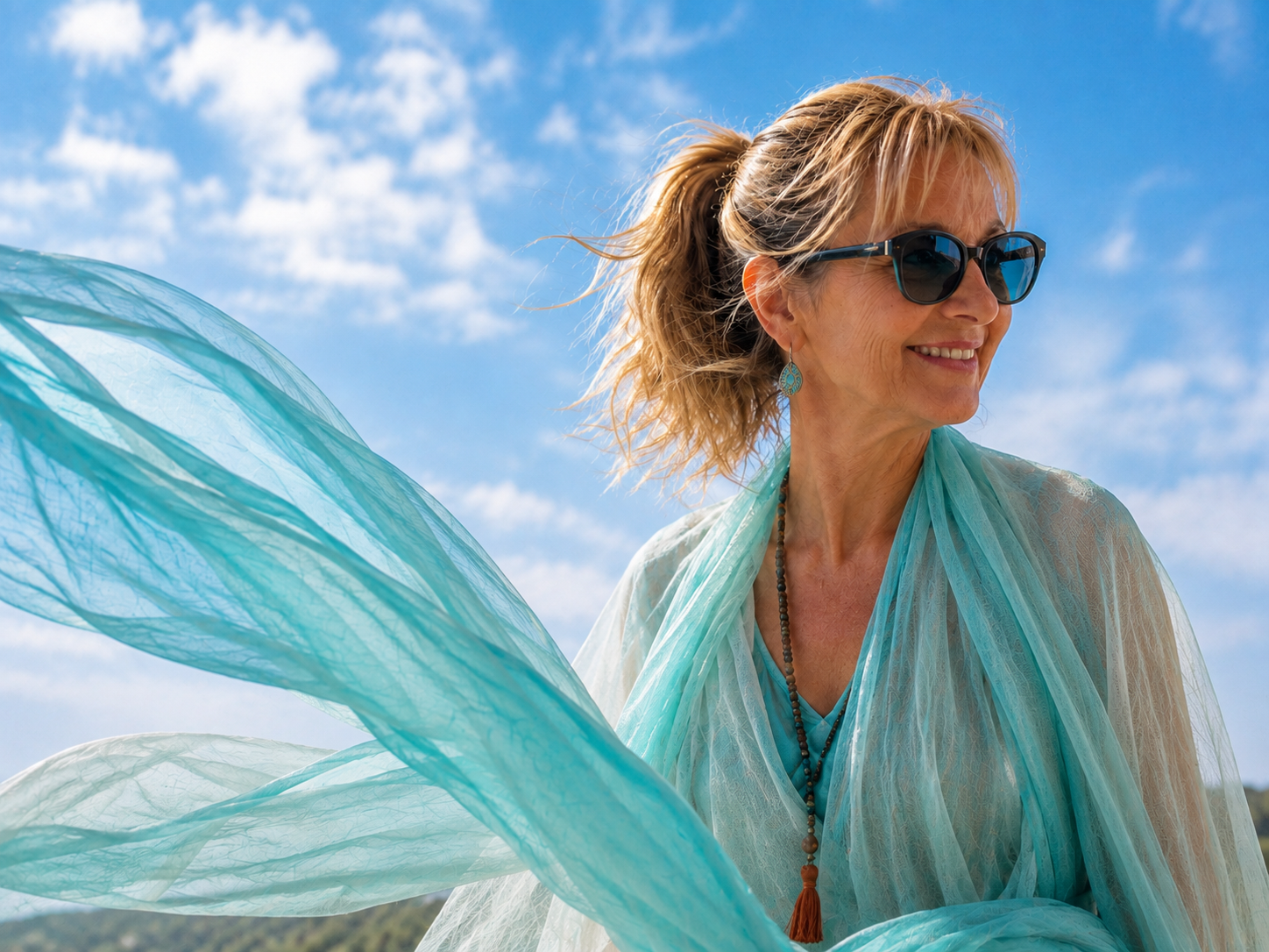 Une femme souriante avec des lunettes de soleil, portant des vêtements légers et des bijoux, sous un ciel bleu avec des nuages, tenant un tissu léger qui flotte dans le vent.