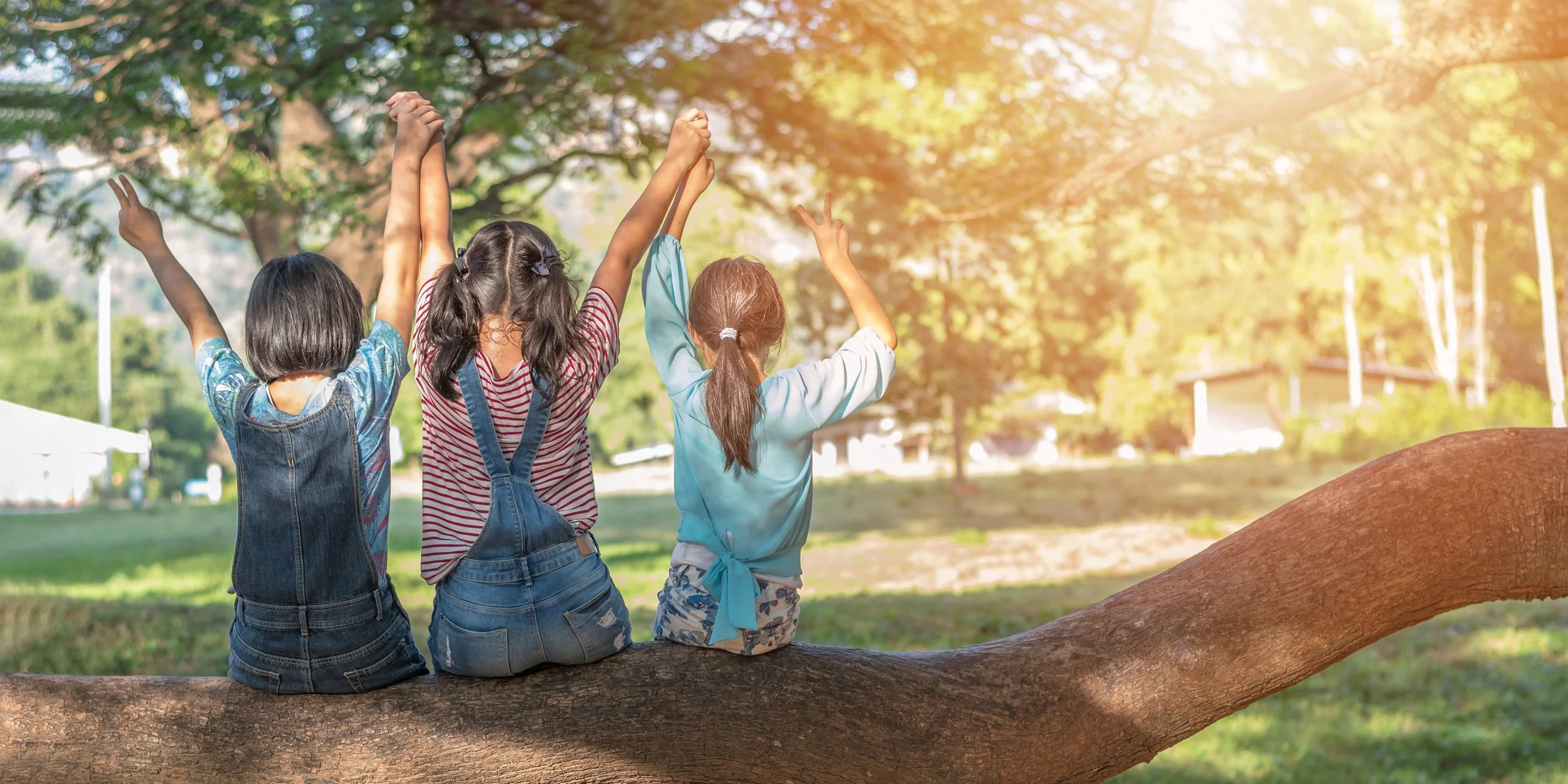 Three children sitting on a tree branch in a park with green trees and sunlight, raising their hands and making peace signs.