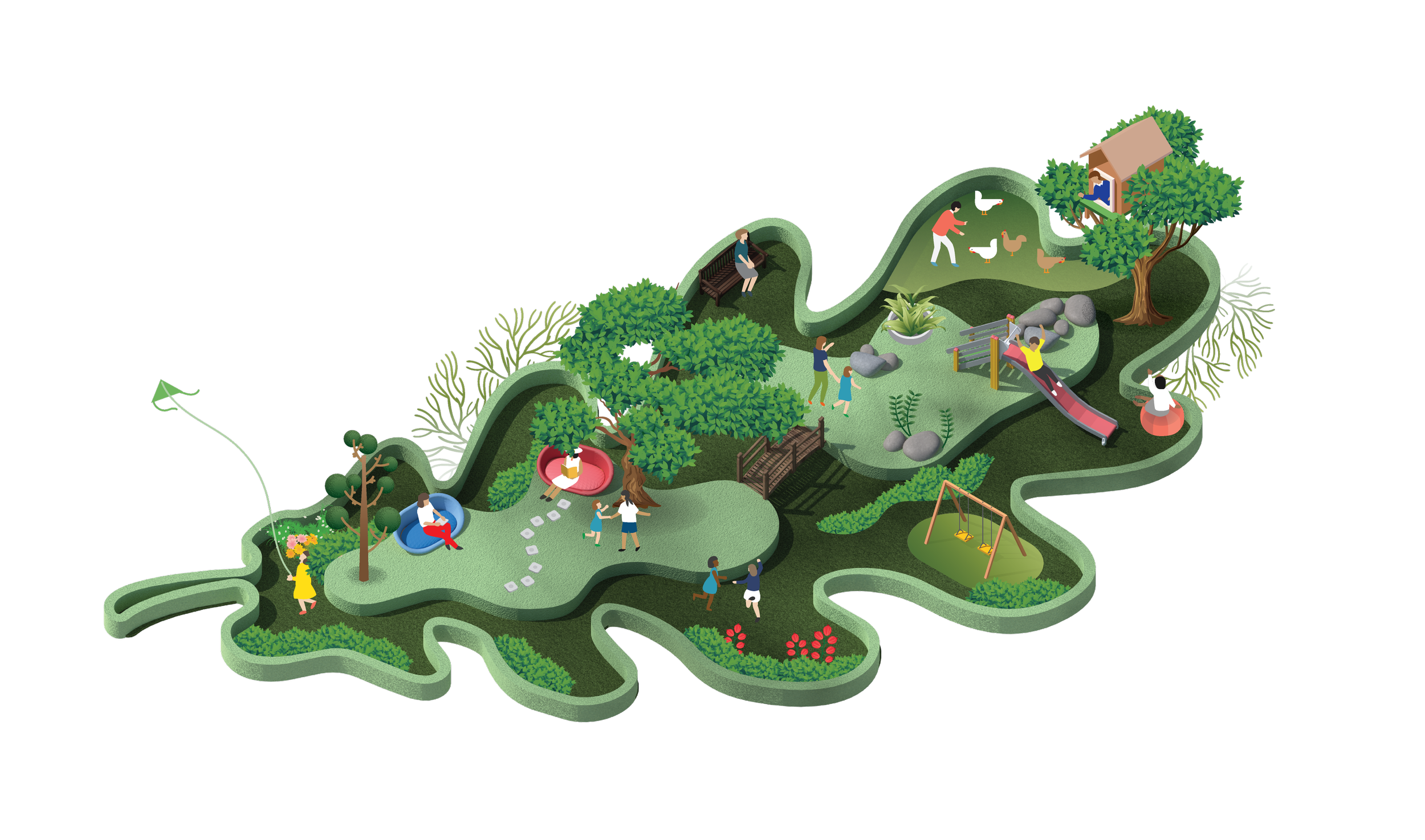 An illustrated miniature park scene with winding paths, trees, a playground with swings, people sitting, walking, and playing, a slide, and a birdhouse on a tree.