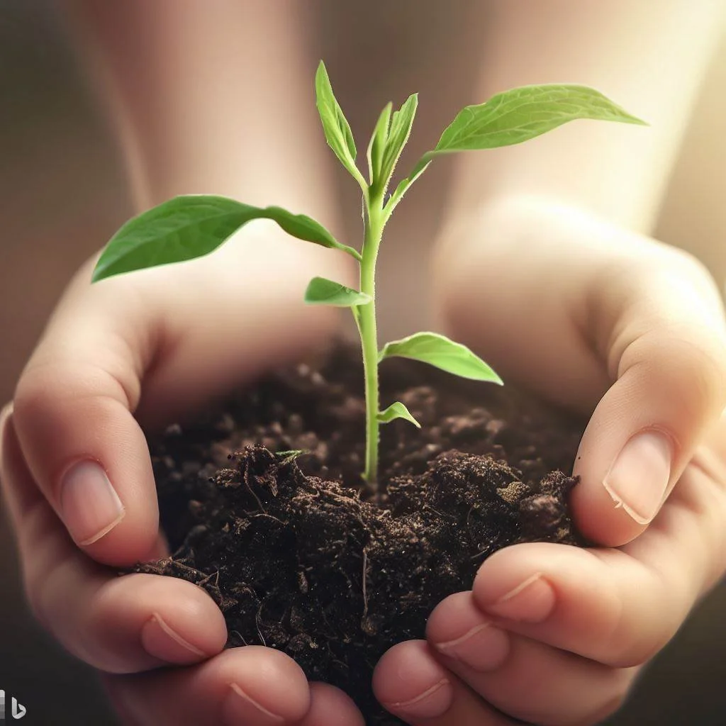 Close-up of a person's hands holding a young green plant growing in dark soil.
