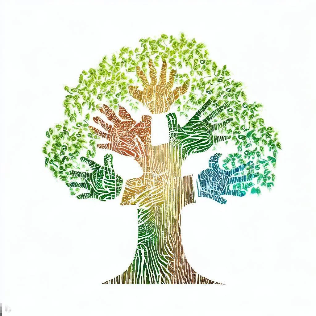 Illustration of a tree composed of human hands forming the branches and leaves, with a colorful gradient from brown to green and blue.