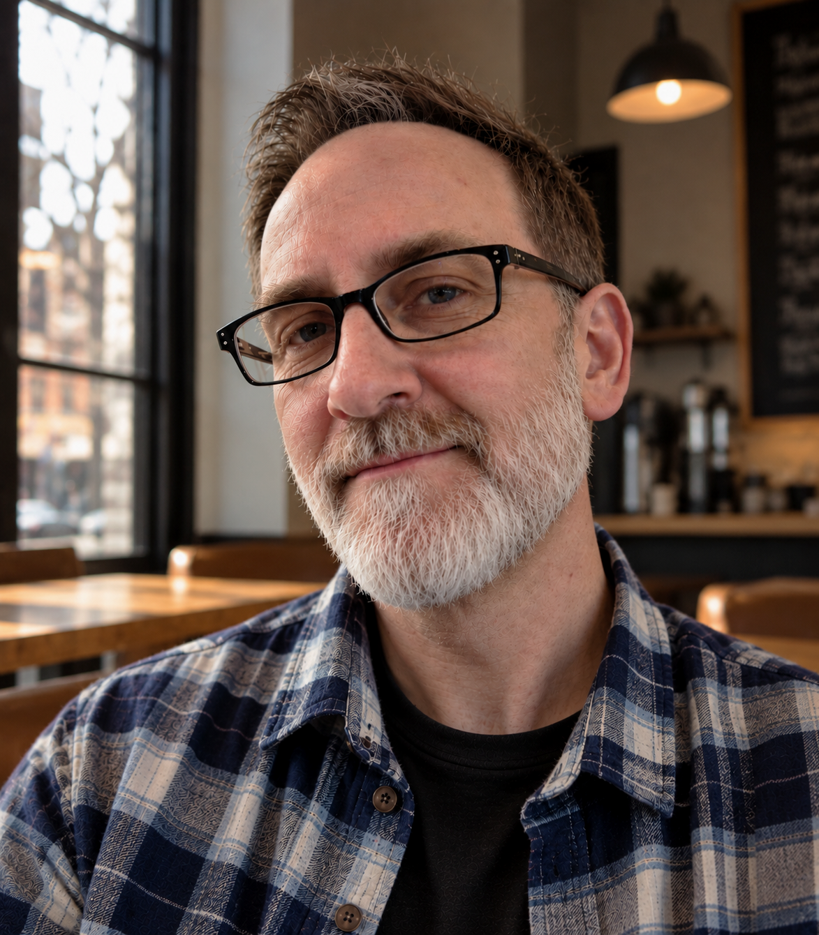 A man with glasses and a beard sitting in a cafe.