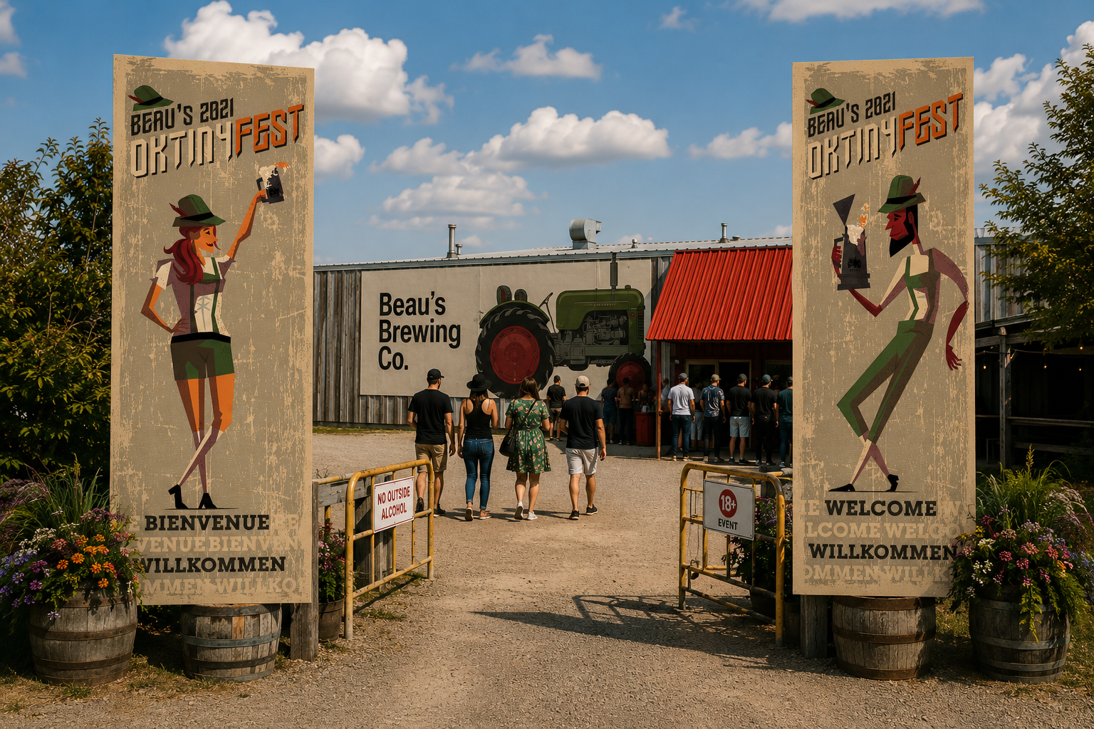 Entrance with two large illustrated banners on either side, featuring a woman and a man in traditional German attire, welcoming guests. A crowd is lined up outside a building with a tractor illustration and signs indicating age restrictions and no outside alcohol.