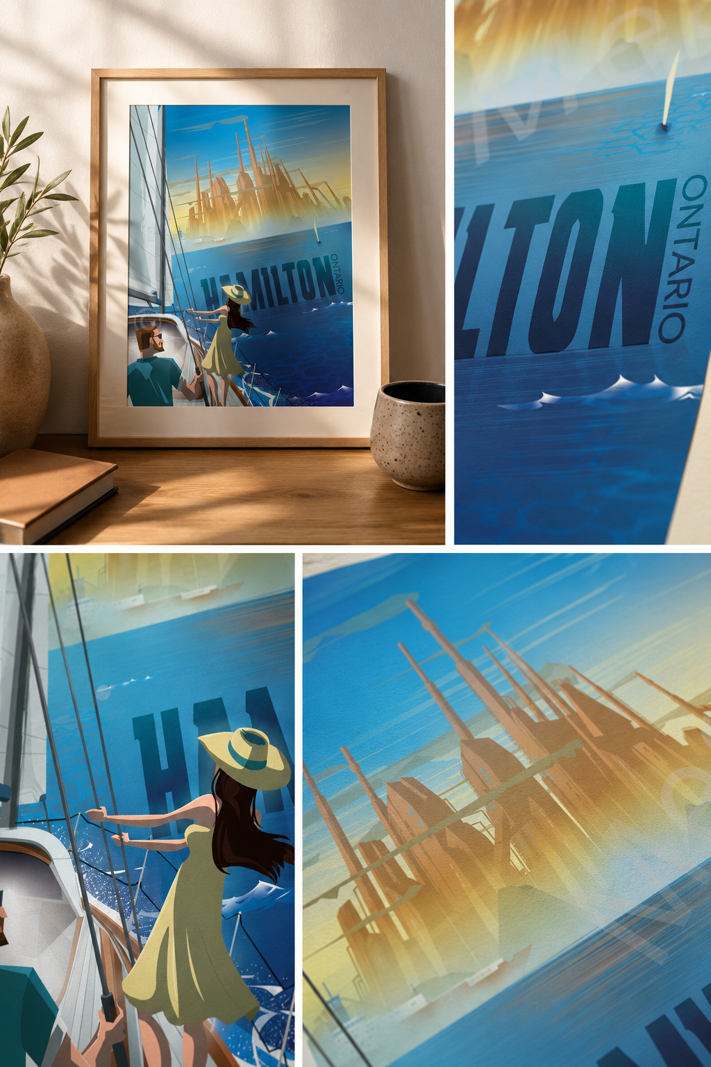 An illustrated poster of a couple on a boat sailing in the water, with the city of Hamilton, Ontario, in the background. The poster has a stylized artistic style with vibrant colors.