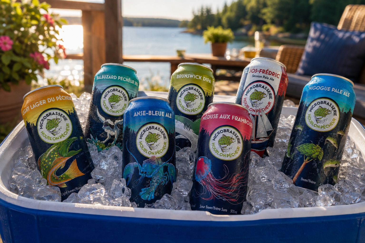 Cans of craft beer with colorful seafood and marine life illustrations, chilled in a cooler filled with ice, set outdoors near a lake with a dock and outdoor furniture in the background.