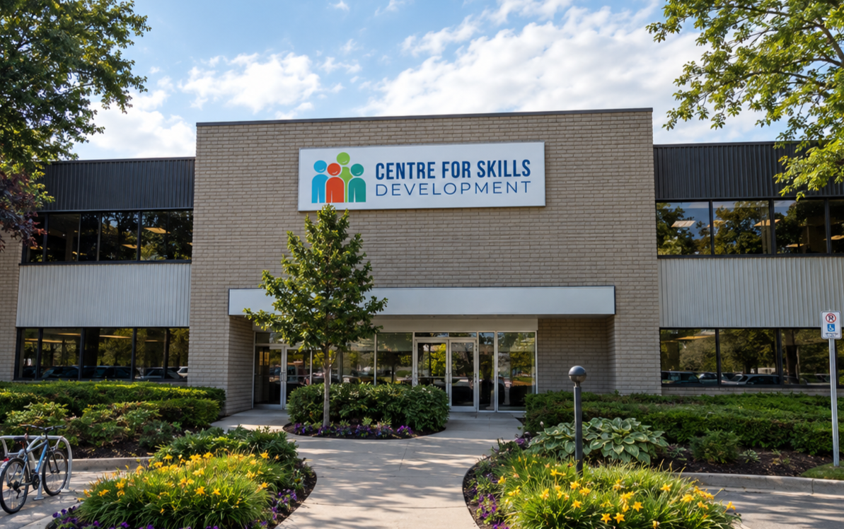 Front view of a two-story brick building with a sign that reads 'Centre for Skills Development.' The building has large windows and surrounded by landscaped bushes, flowers, and trees under a partly cloudy sky.