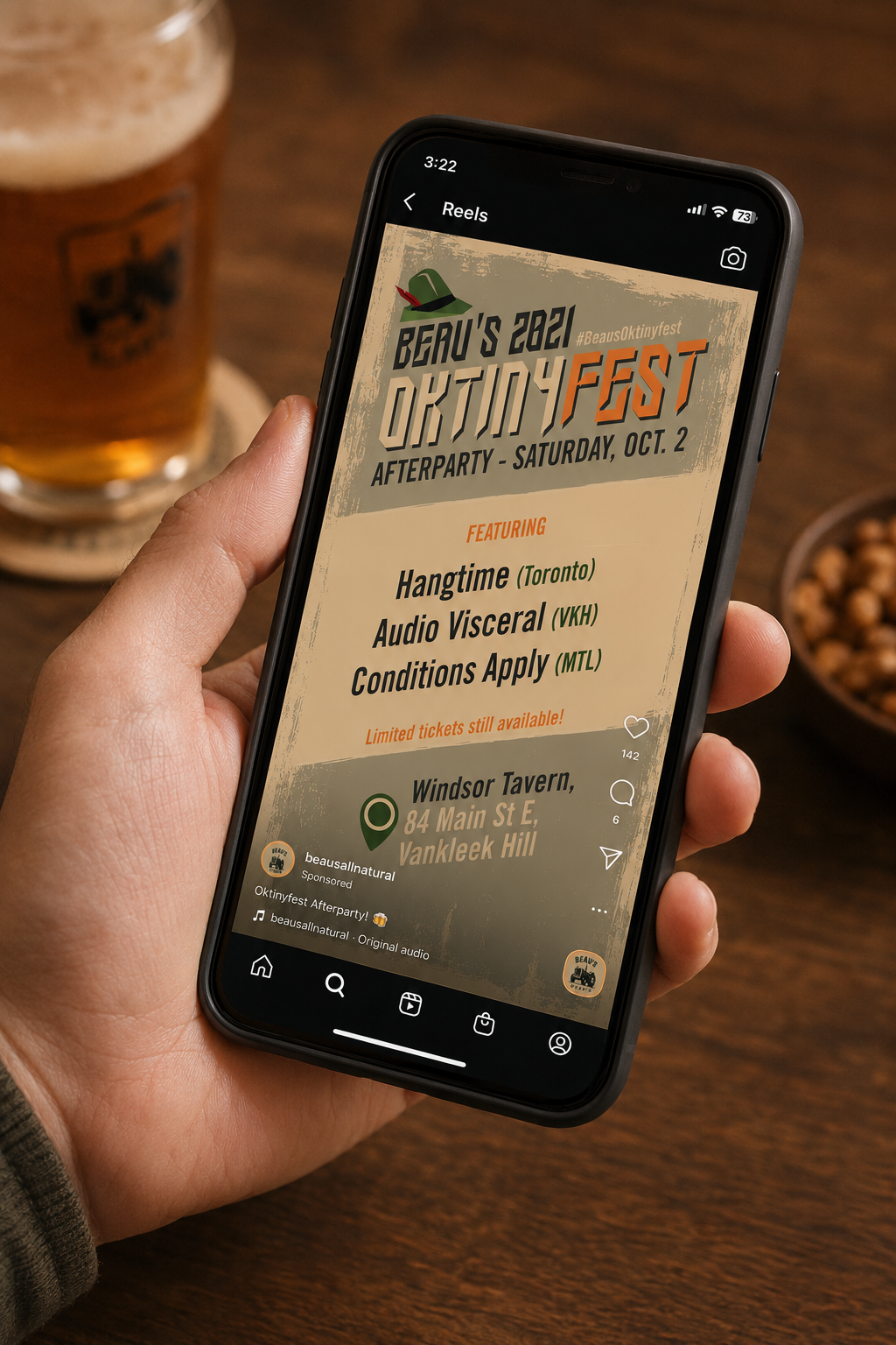 Smartphone screen displaying an event poster for featured acts Hangtime from Toronto, Audio Visceral from VHK, and Conditions Apply from MTL.