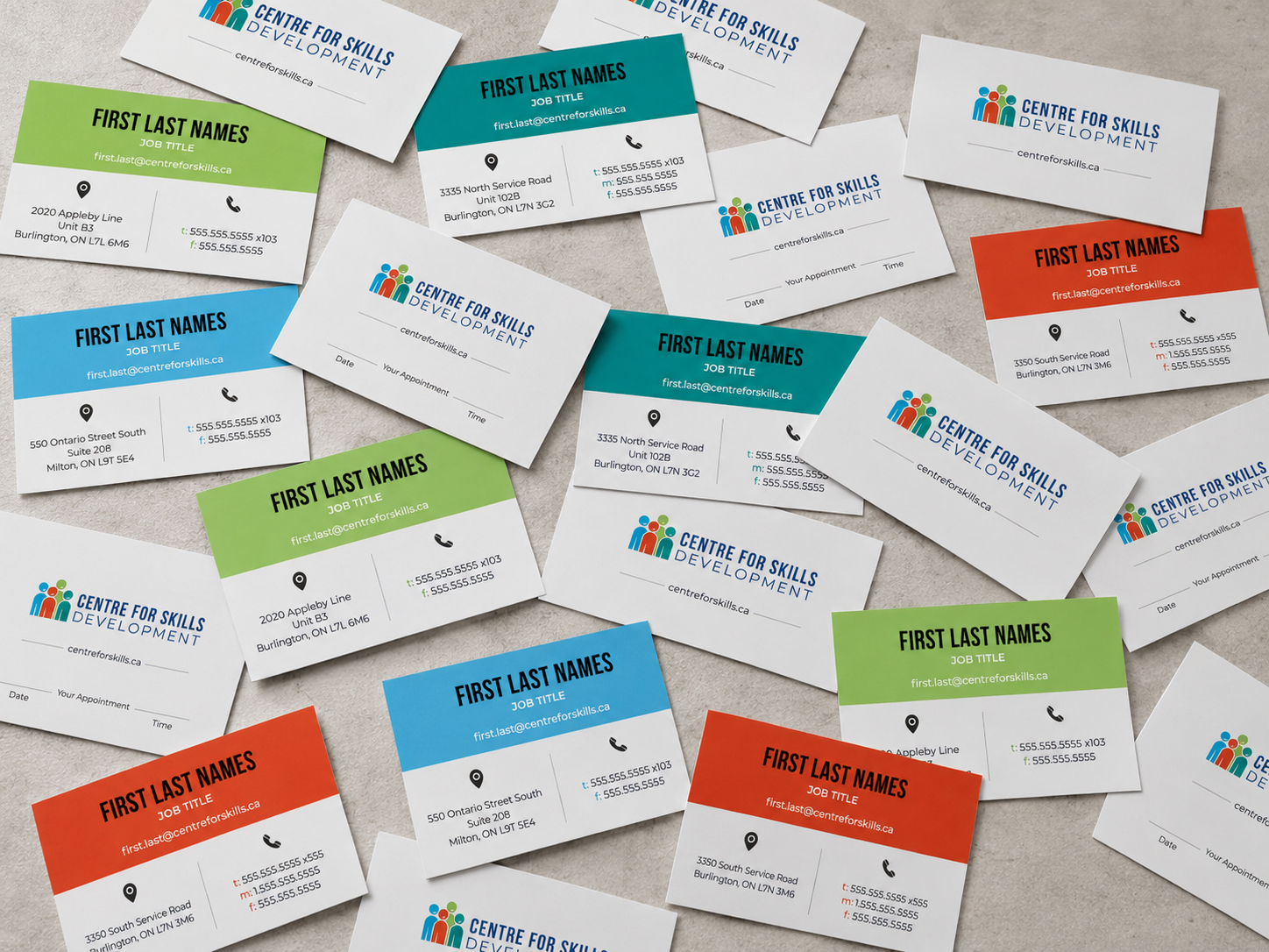 A collection of colorful business cards for the Centre for Skills Development, featuring spaces for individual names, job titles, contact information, and appointment details.