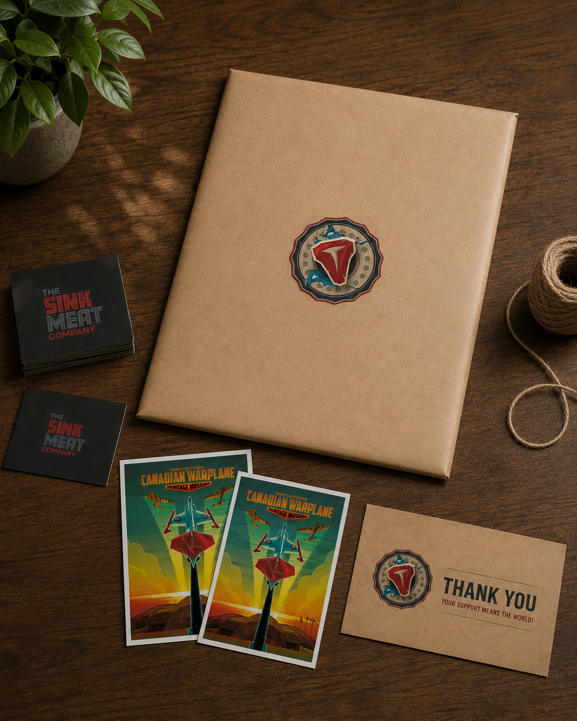 Wrapped gift with a logo sticker, two cards titled 'Canadian Warplane Heritage Museum,' a thank you card, and small black cards for 'The Sink Meat Company,' all on a wooden surface near a potted plant and spool of twine.