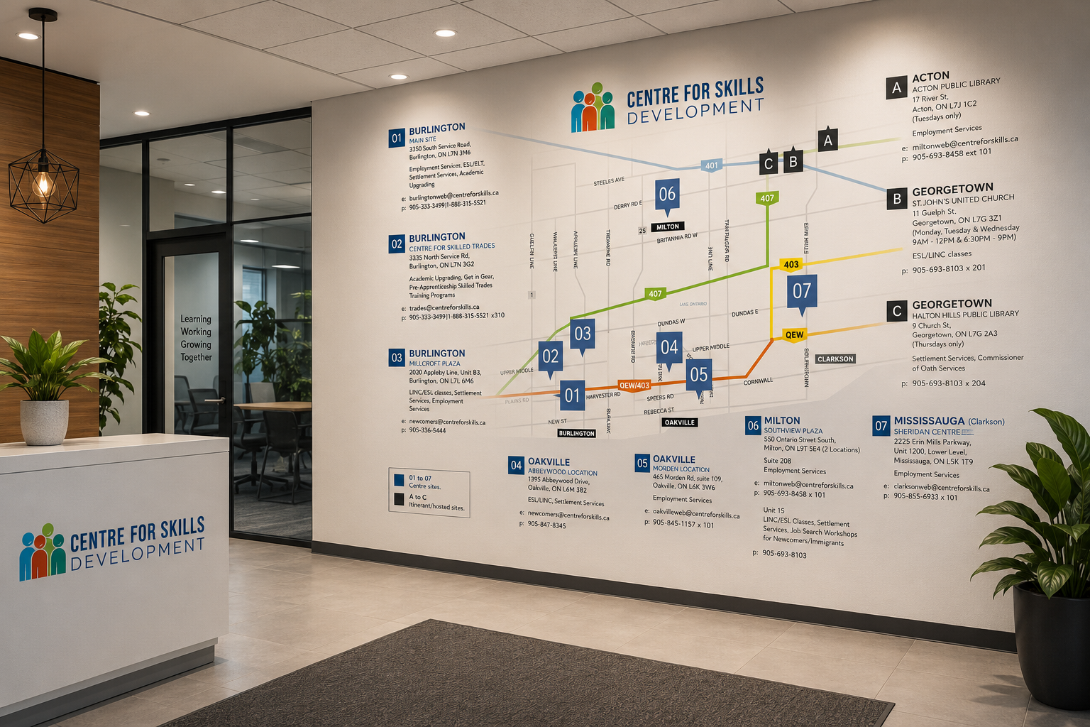 Interior with a wall map showing various locations and routes, a reception desk with the center's logo, and a sitting area with plants.