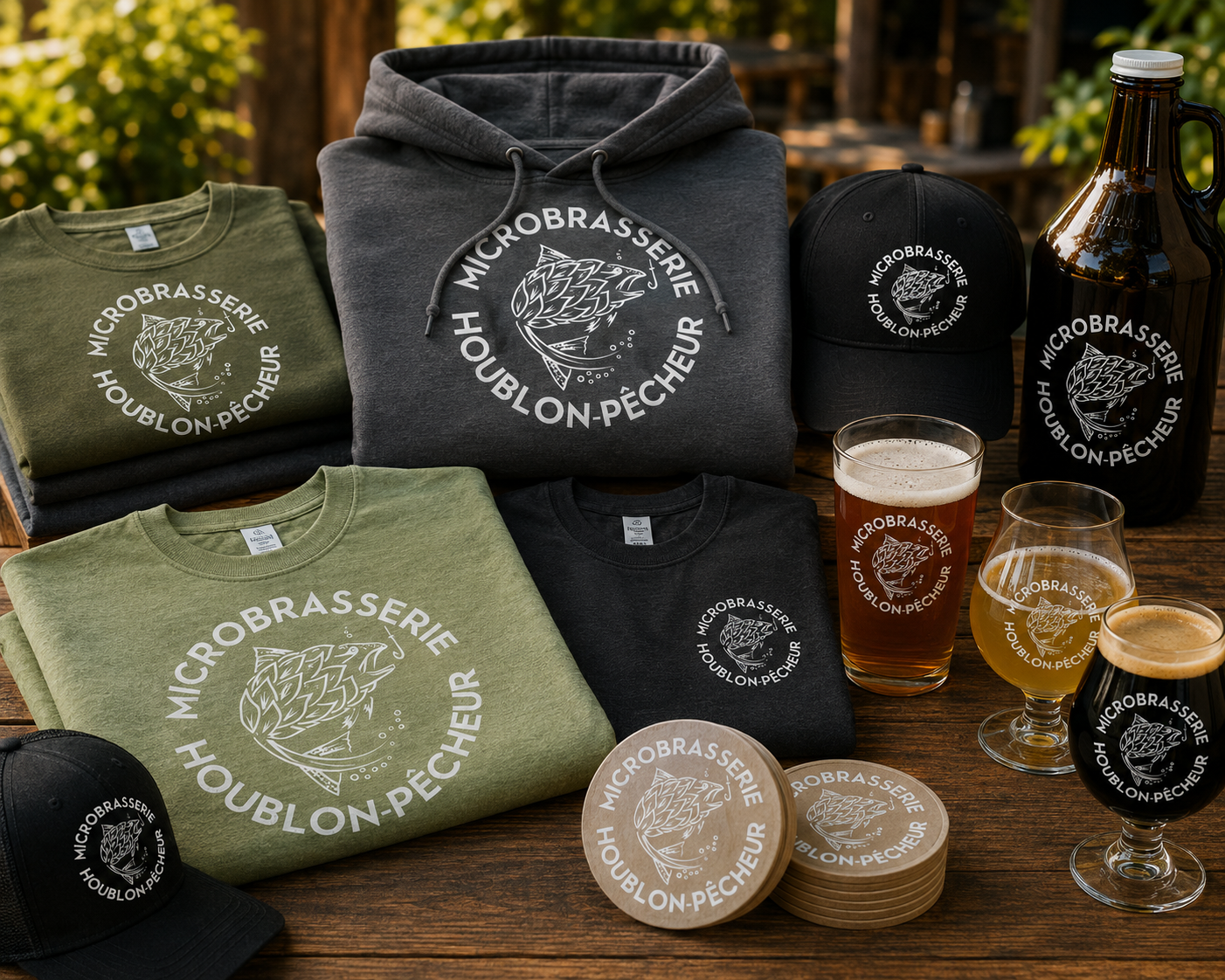 Display of clothing, hats, and drinks branded with the logo and text 'Microbrasserie Houlon-Pêcheur,' including gray, black, and green shirts, a gray hoodie, a black cap, a black bottle, two glasses of beer, a glass of cider, and circular coasters and stickers with the same logo.