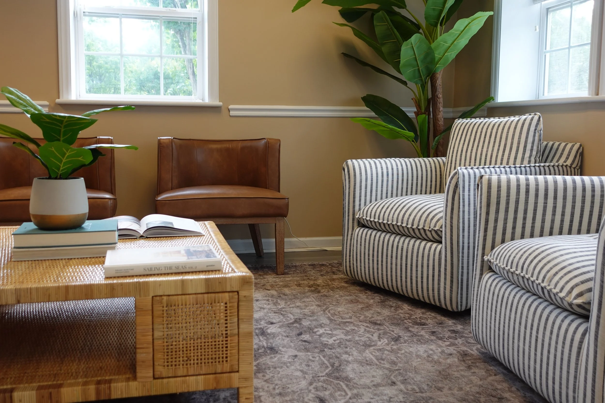 Living room with beige walls, two windows, a large potted plant, a striped armchair, and a coffee table with books and a potted plant.
