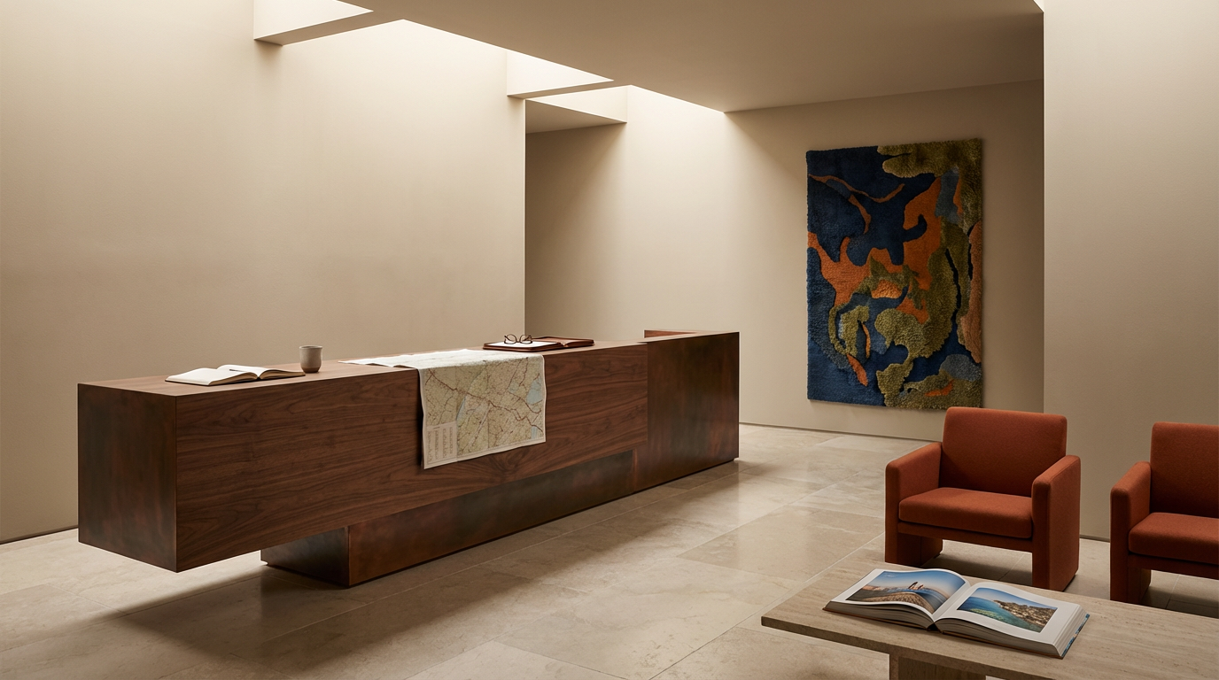Minimalist reception area with a wooden desk, beige walls, patterned wall art, two red armchairs, and an open book on a table.