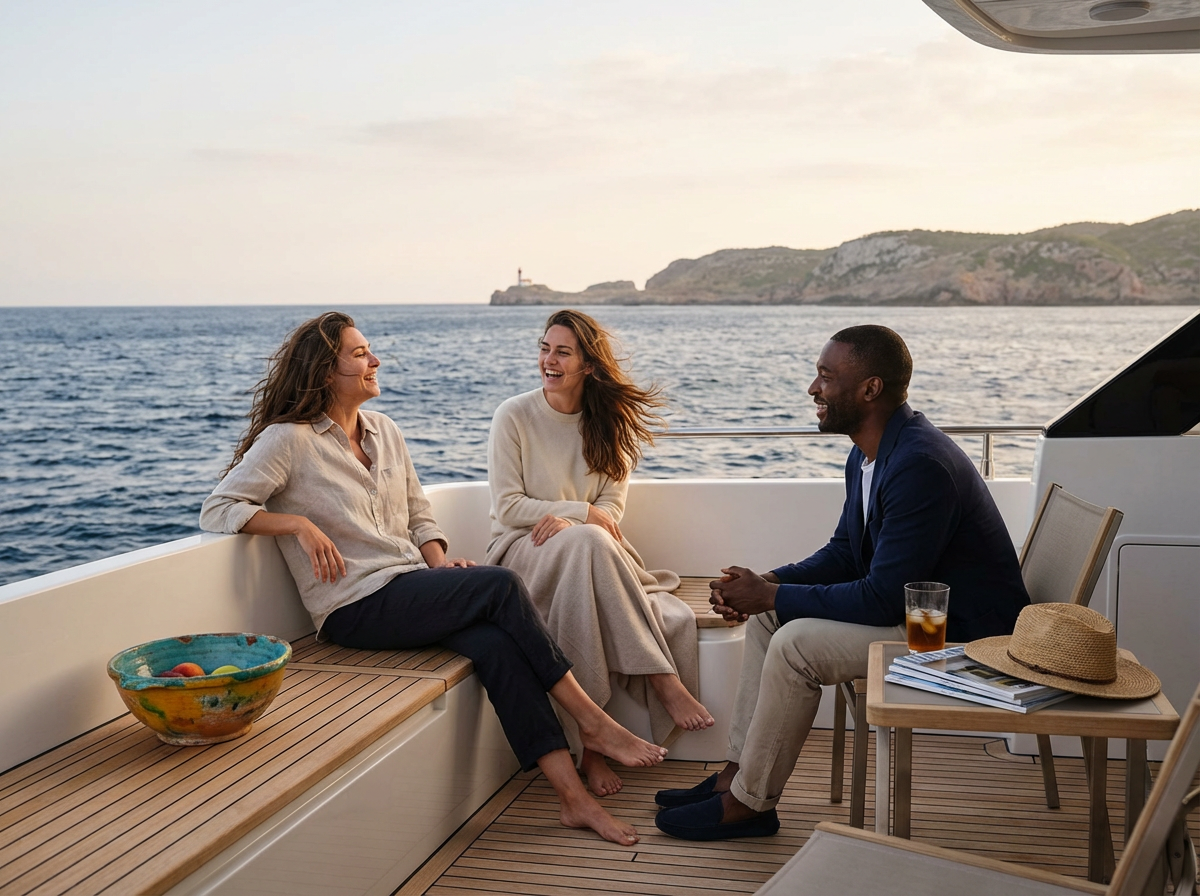 Three people sitting on a yacht deck laughing and talking, with ocean and distant land in the background.