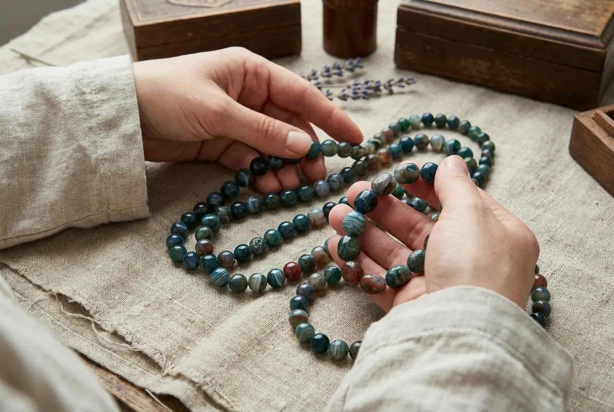 Hands holding and arranging strands of multicolored beaded necklaces on a linen cloth, with wooden boxes and lavender sprigs in the background.