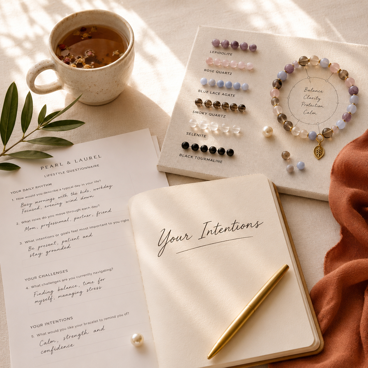 A flat lay of a wellness and self-care setup with a cup of tea, a bracelet with different gemstone beads, a lifestyle questionnaire, and a journal titled 'Your Intentions' on a beige tablecloth with soft lighting.