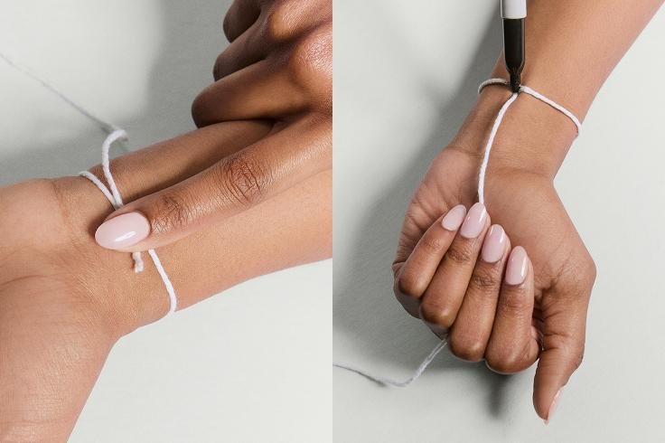 A collage of two images showing someone tying a white string around their wrist and then writing on the wrist with a black marker.