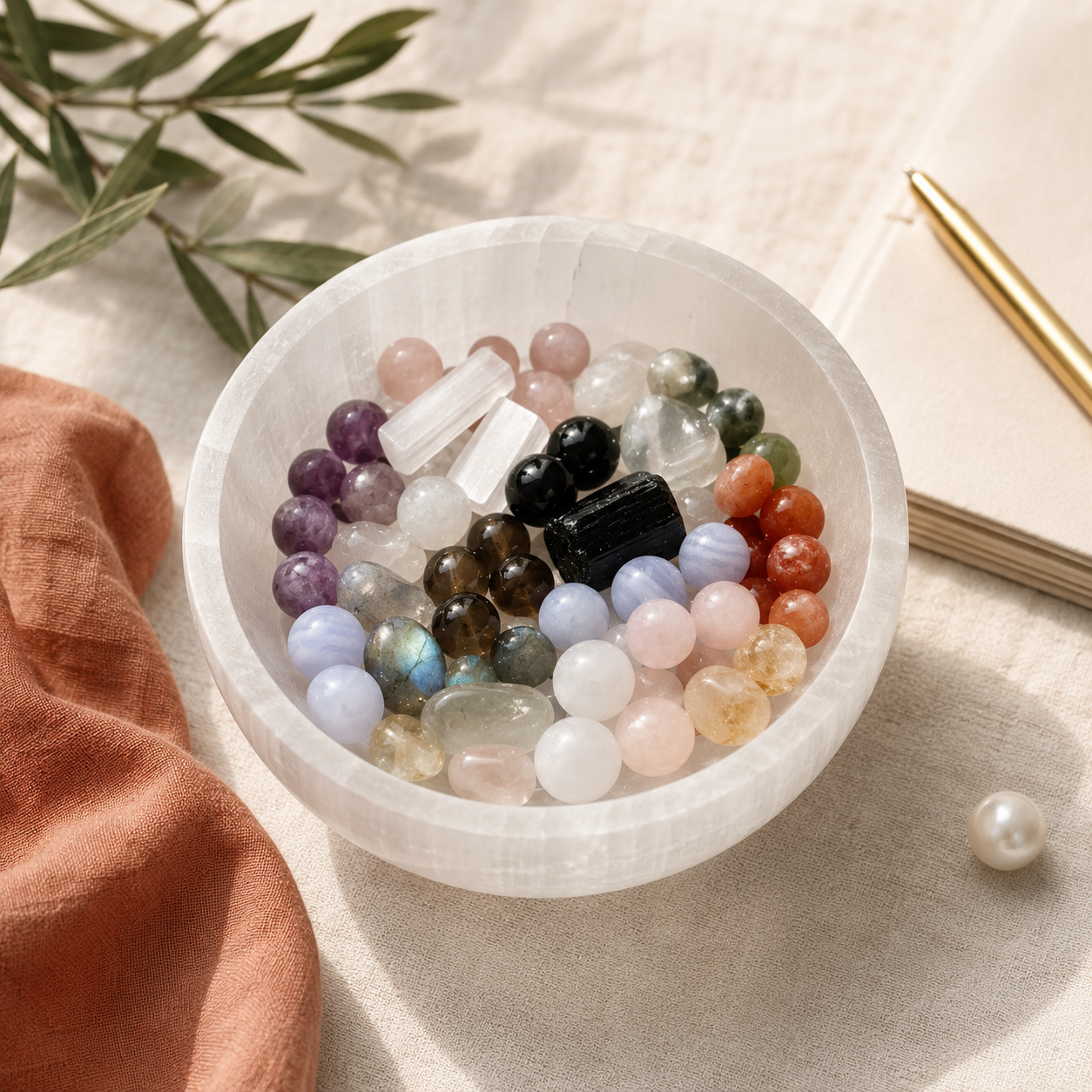 A white bowl filled with various colorful gemstone beads and crystals, placed on a beige surface with a gold pen, a beige notebook, and a piece of green foliage nearby.