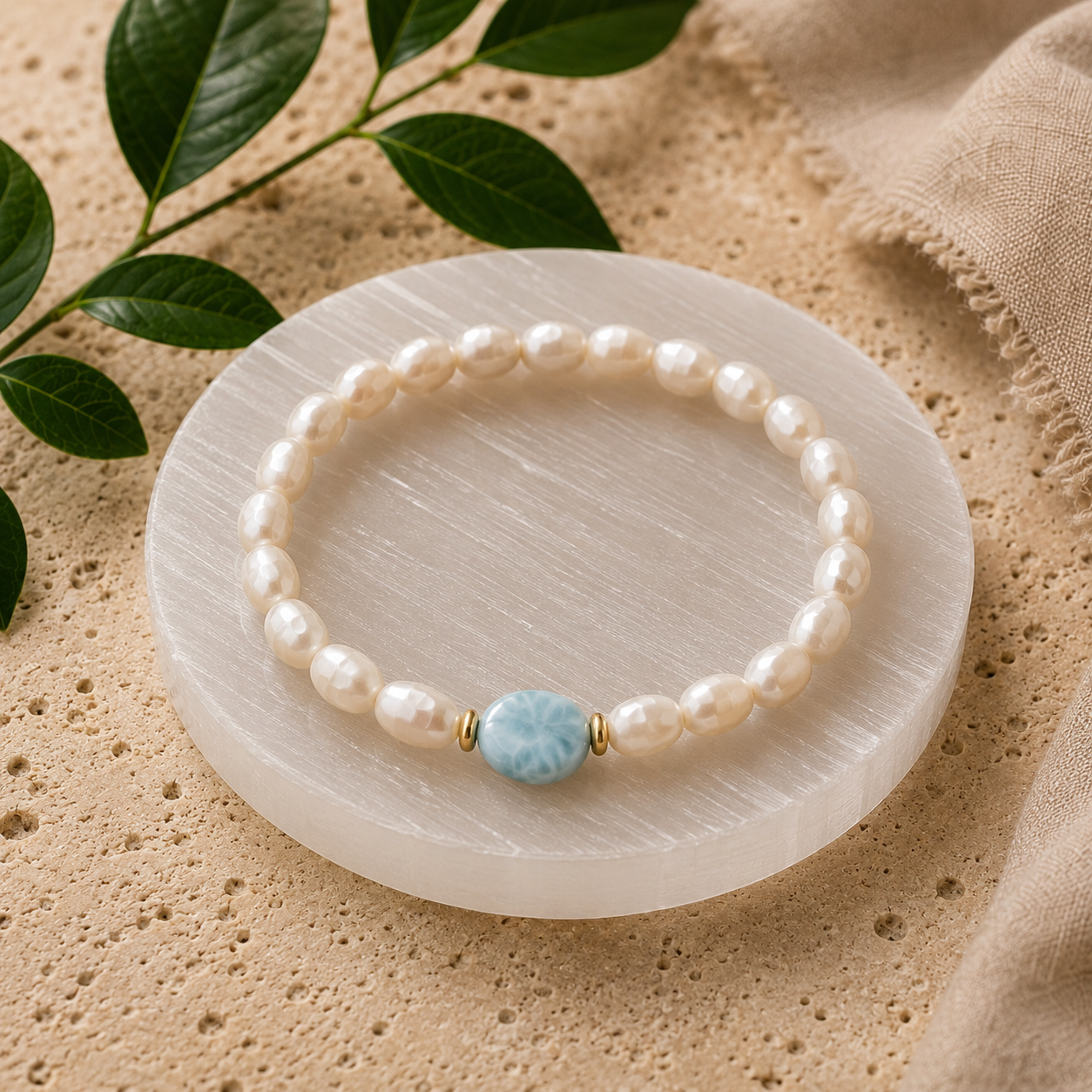 Created as one piece of a set for a woman learning to make space for herself within a life devoted to caring for others.

Larimar became her reminder to slow down and move through the day with intention, while freshwater pearls represented the many r