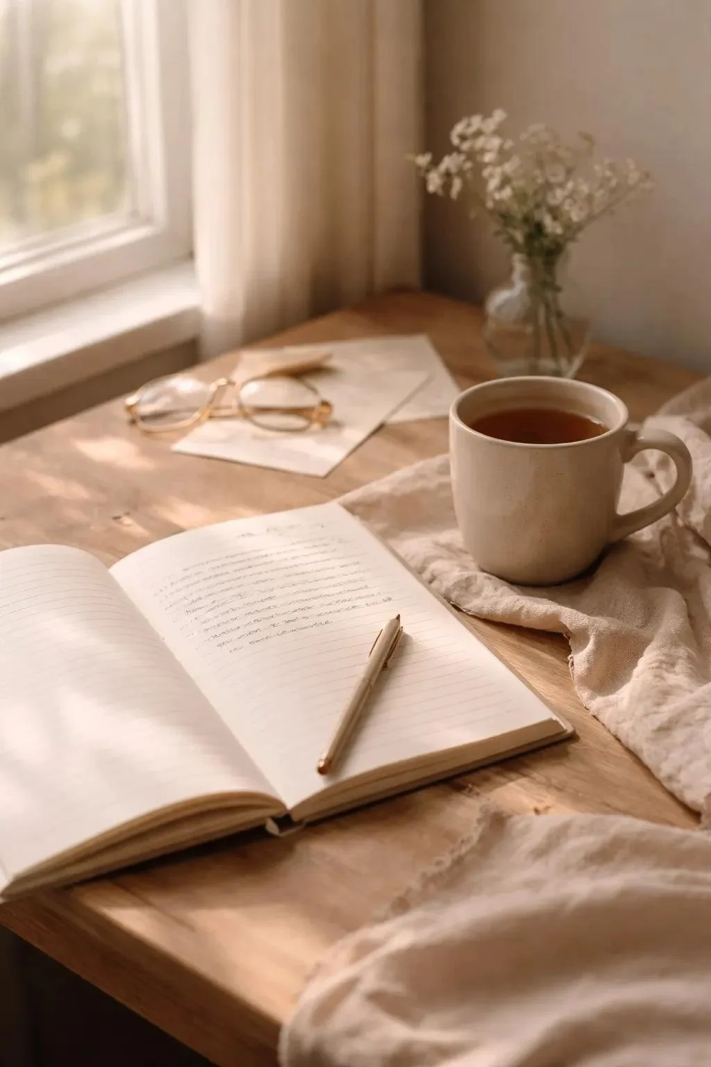 A cozy wooden desk near a window with a notebook, pen, a mug of tea, a pair of glasses, a piece of paper, and a vase with white flowers.
