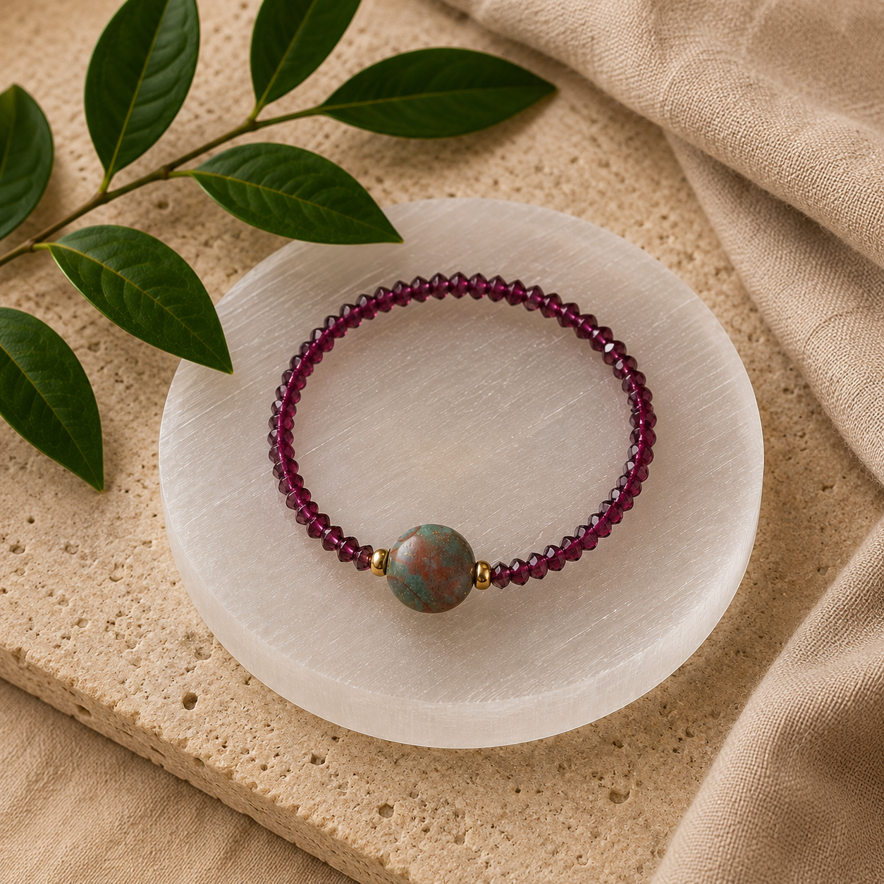 Created for a woman stepping into a new chapter—excited by what was ahead, but determined not to lose herself in the process.

Kabamby Ocean Jasper was chosen as her reminder to stay grounded and embrace change as it comes. Purple garnet represents t