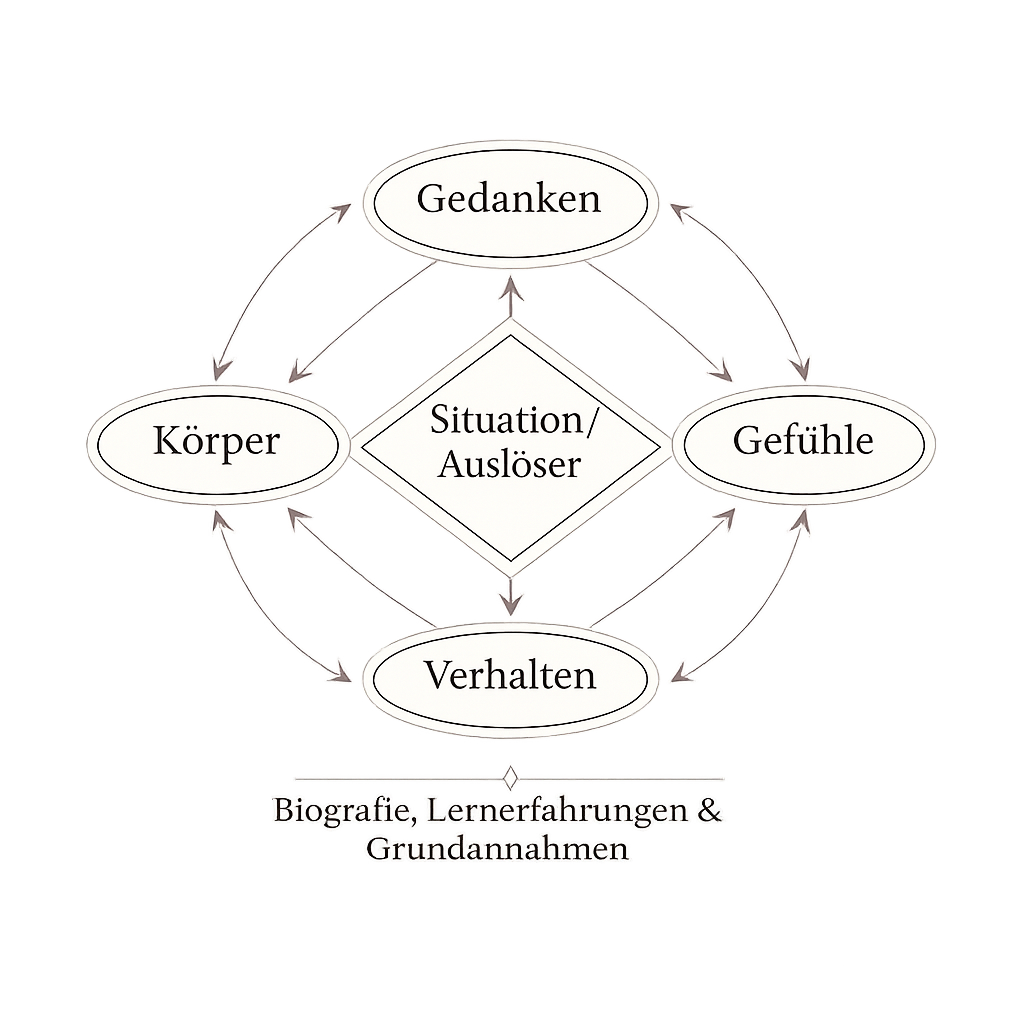 Diagramm mit Elementen: Gedanken, Körper, Gefühle, Verhalten, Situation/Auslöser, in Beziehung zueinander, mit biografischen und lernbezogenen Grundlagen.