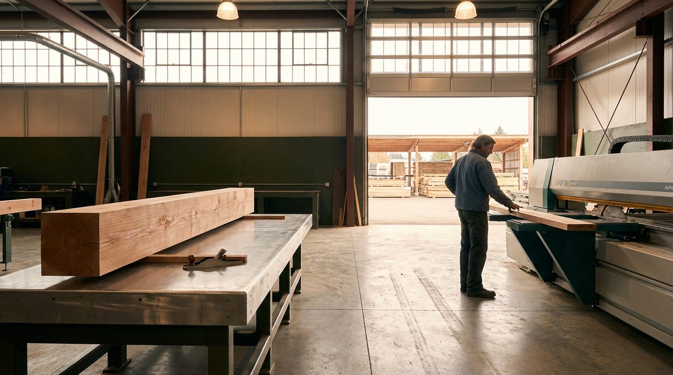 A woodworking shop with a man operating a machine to cut or shape wood, with a large wooden beam on a metal worktable.