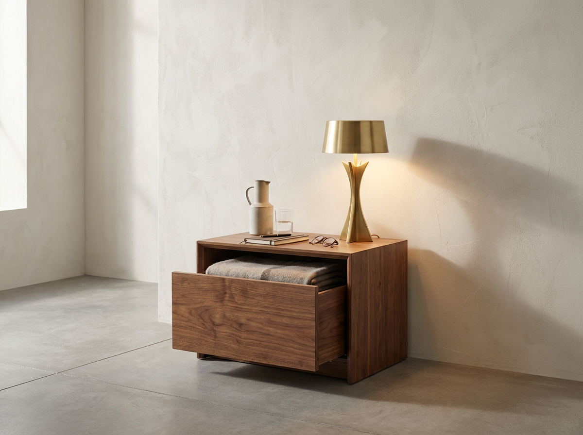 A minimalist wooden side table with a drawer, placed against a textured white wall. On top of the table are a beige pitcher, a glass of water, an open notebook, glasses, and a gold table lamp with a curved base, turned on and casting light on the wall.