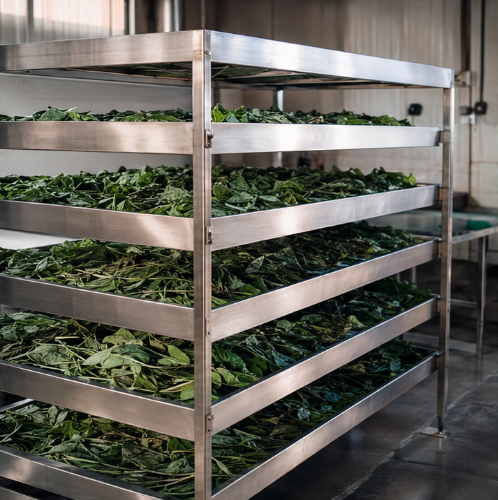 Estantería de acero inoxidable con varias bandejas llenas de hojas verdes, en un ambiente de cocina o laboratorio.