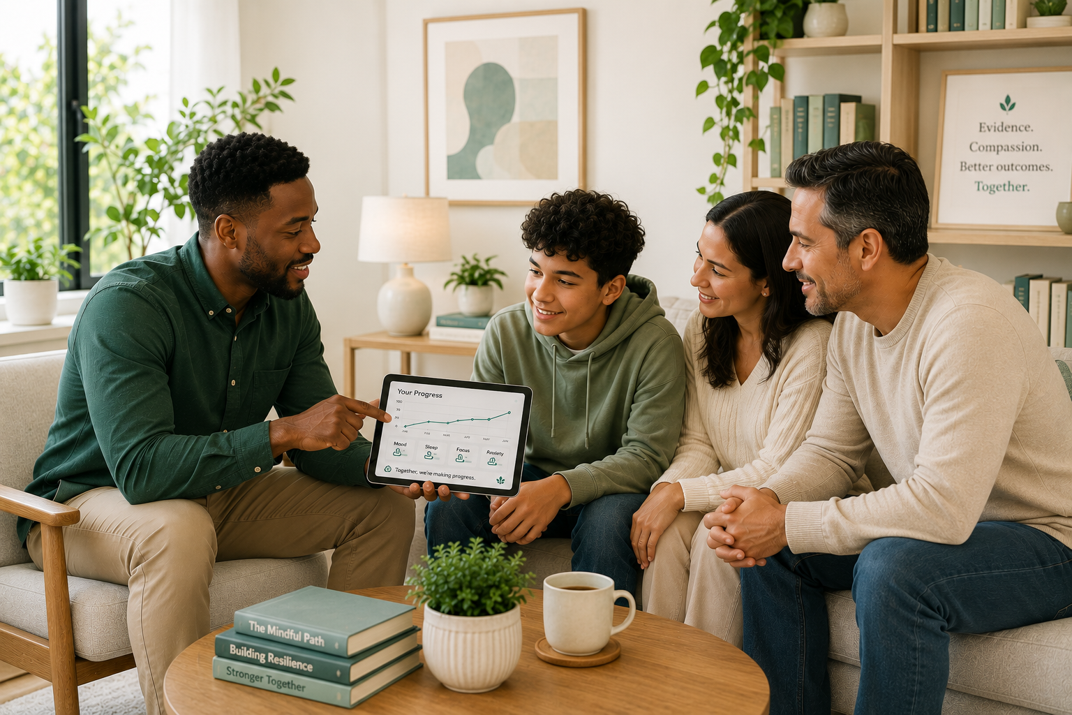 Mental health provider reviewing a treatment plan with parents and an adolescent