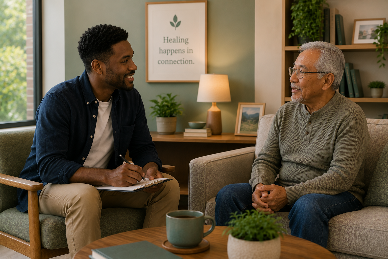 Psychiatric provider speaking with an older adult patient