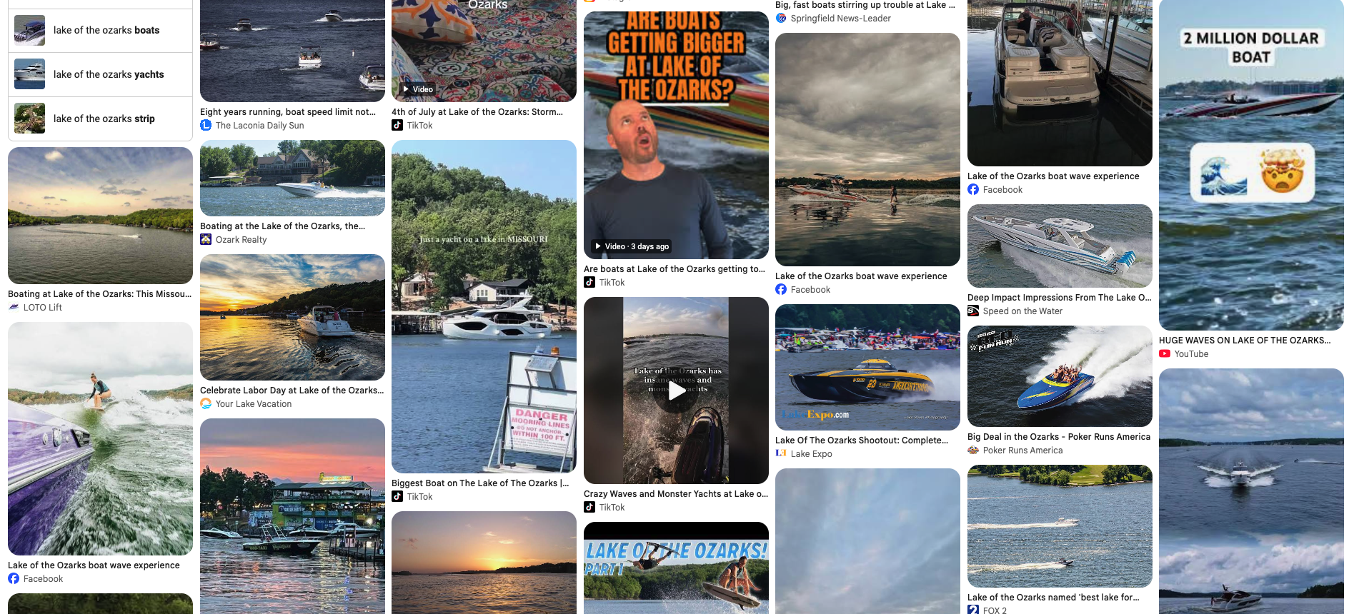 Various images and videos of boats and water activities on Lake of the Ozarks, including boat waves, yacht cruises, boats speeding, and people enjoying the lake.