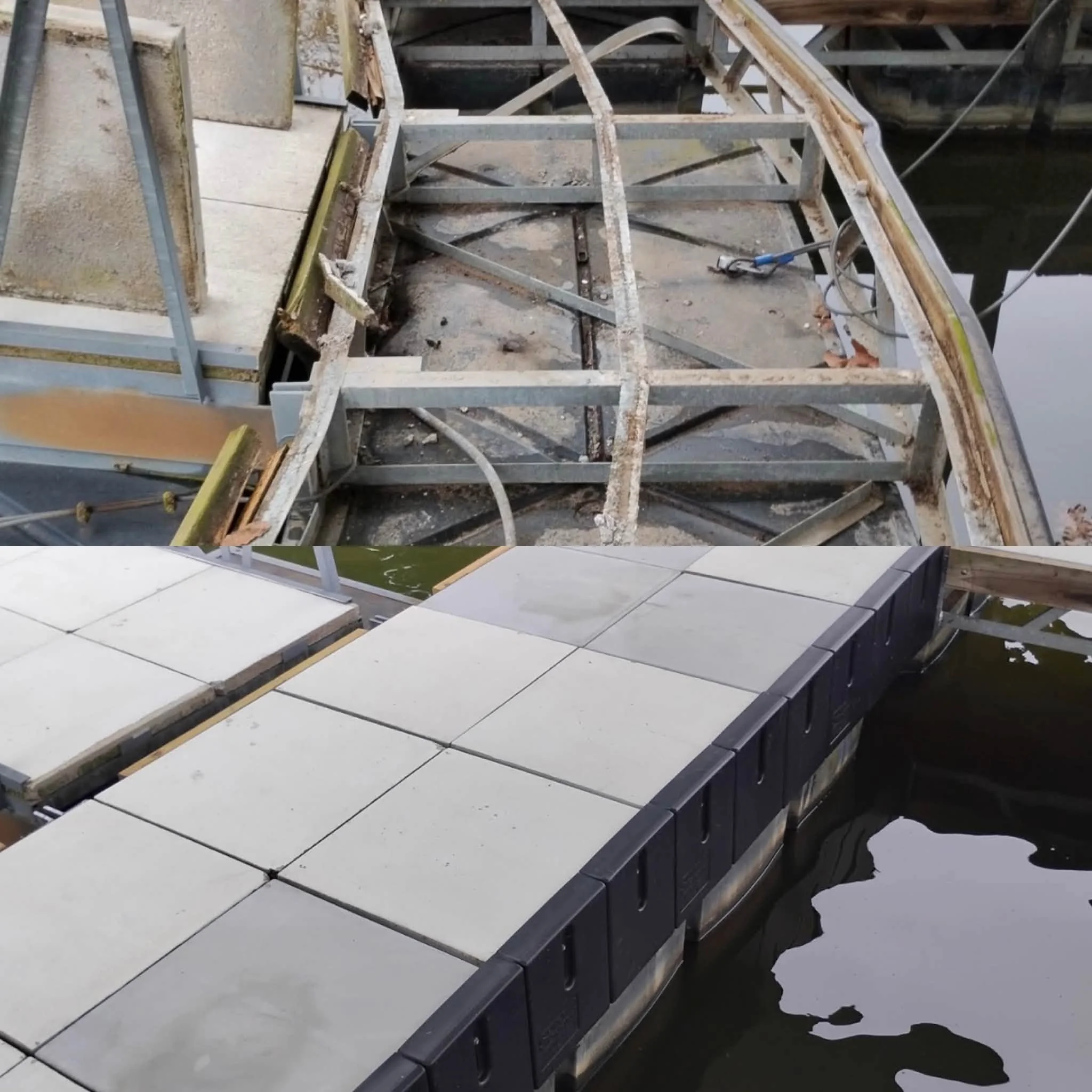 A damaged metal dock or platform with white tiles, some of which are broken and missing, surrounded by water. The structure shows signs of corrosion and neglect.