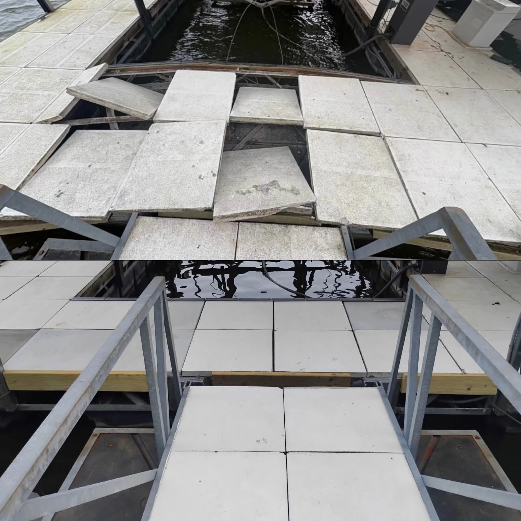 Broken tiled walkway with missing tiles revealing water below, surrounded by metal railing and some electrical equipment.
