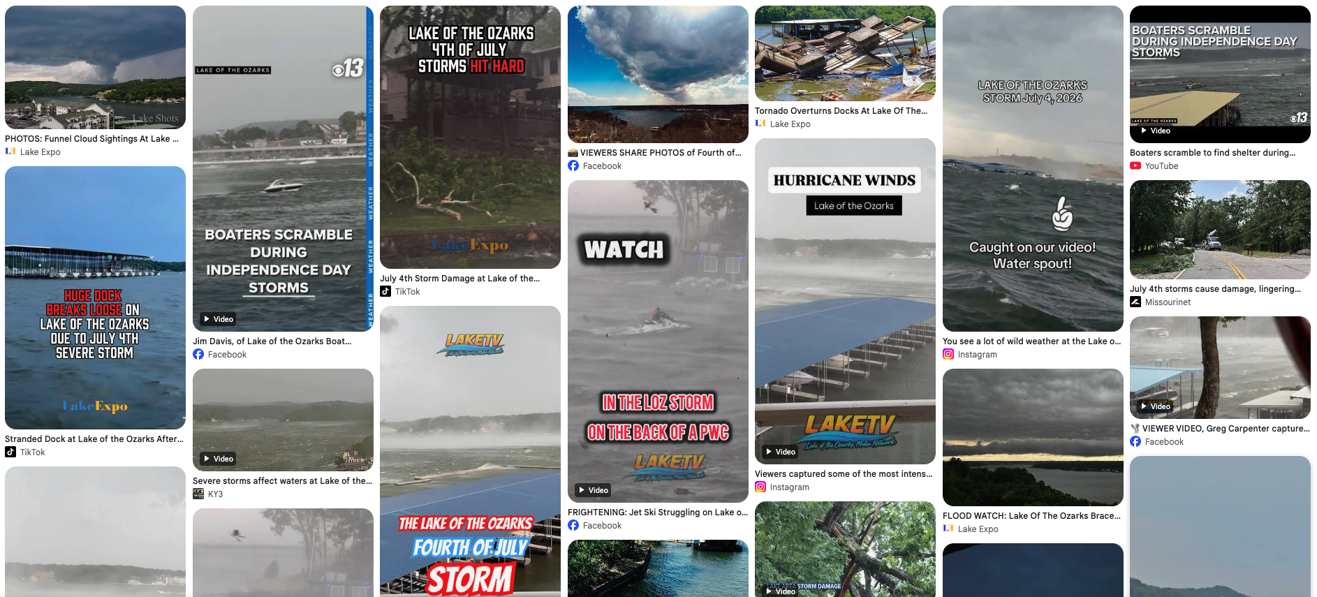 Collage of images showing stormy weather and damage at Lake of the Ozarks, with boats and docks affected by severe storms and high winds.