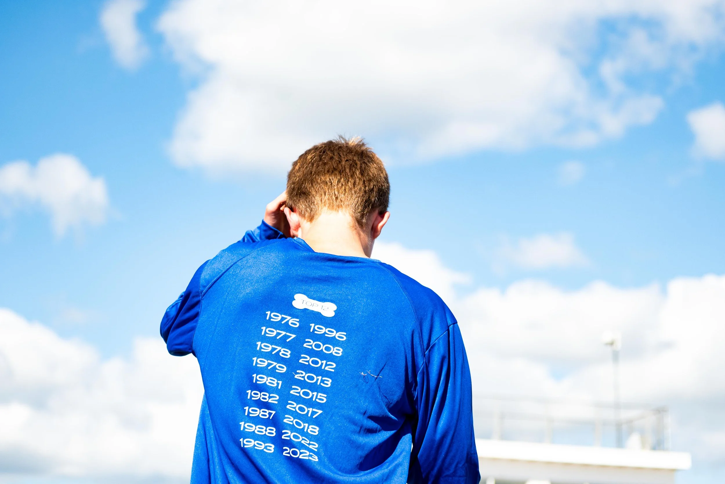 Back of a person in a blue jacket with a list of years printed on it, standing outdoors with a blue sky and some clouds.