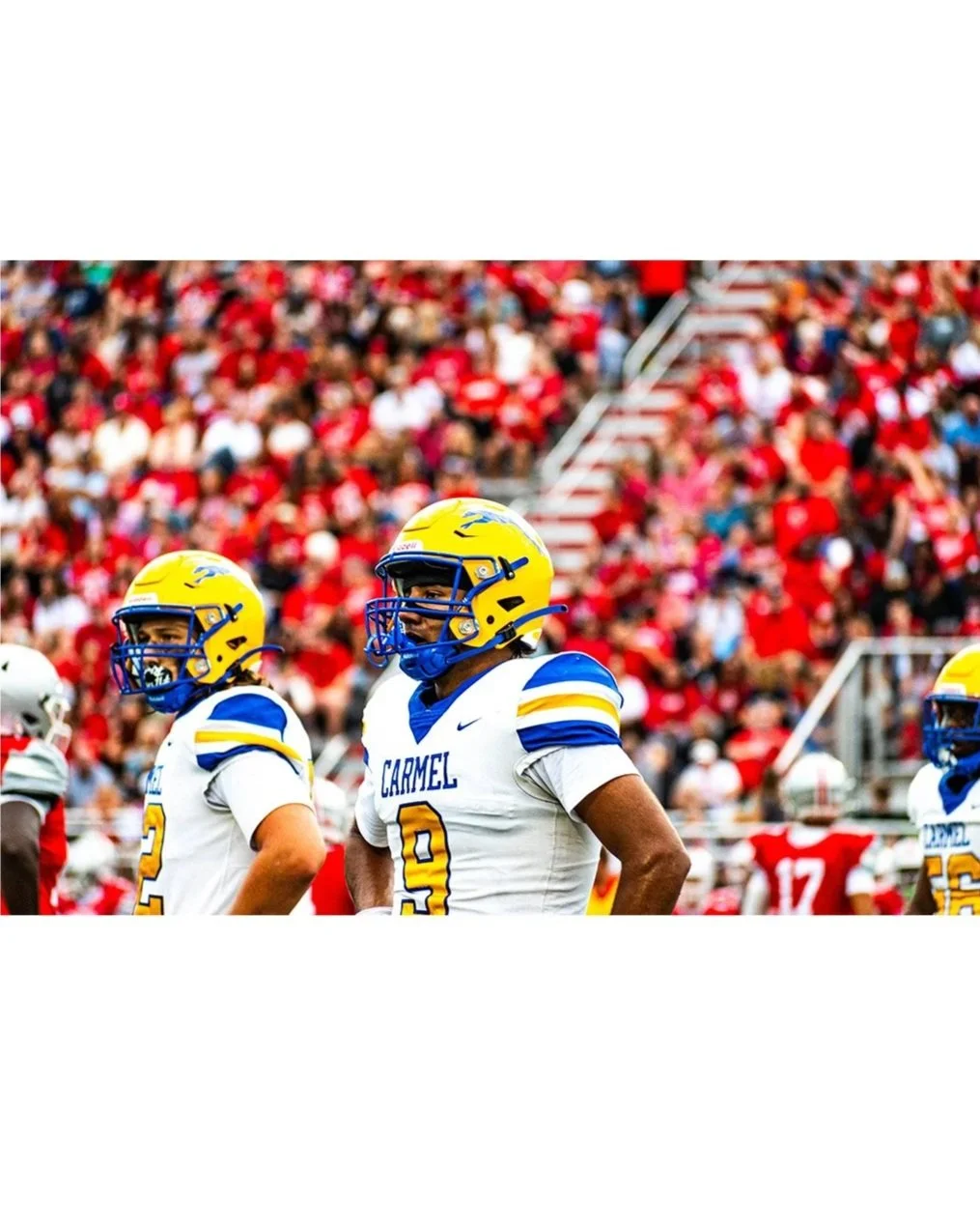 Football players from the Carmel team wearing white jerseys with blue and yellow helmets, standing on the field during a game with a crowd in red in the background.